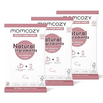 Momcozy Natural Breast Pump Wipes for Pump Parts Cleaning On-the-go, 30 Count (Pack of 3), Flash Clean & Resealable Pump Wipes