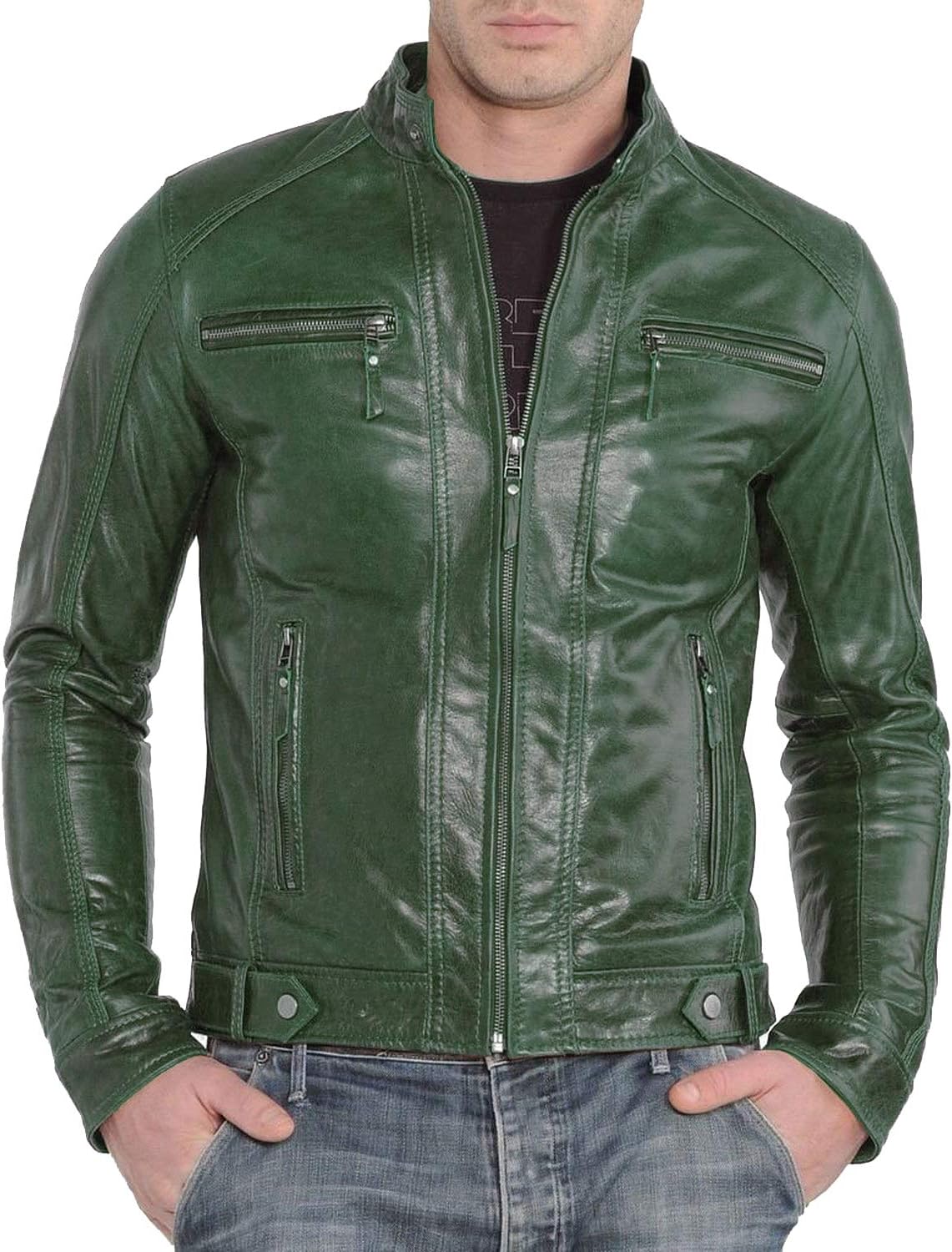 Men's Stylish Genuine Lambskin Leather Jacket Motorcycle Bomber Biker 338