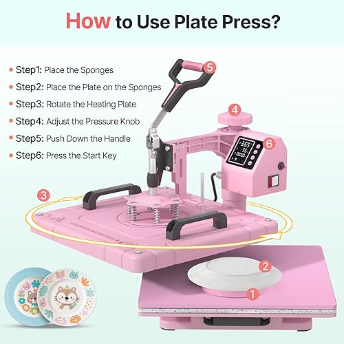 Miniatura 9 de Slendor Máquina de prensa de calor 8 en 1 de 15 x 15 pulgadas, máquina de prensado digital de camisetas con oscilación de 360 grados, combo de