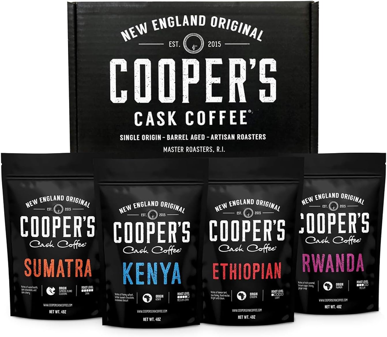 Cooper's Cask Coffee Gourmet Sampler Gift Box Set | Whole Bean | 4 bags | 1lb Total | Sumatra Dark, Kenya AA Medium-Dark, Rwanda Medium, Natural Ethiopian Medium-Light