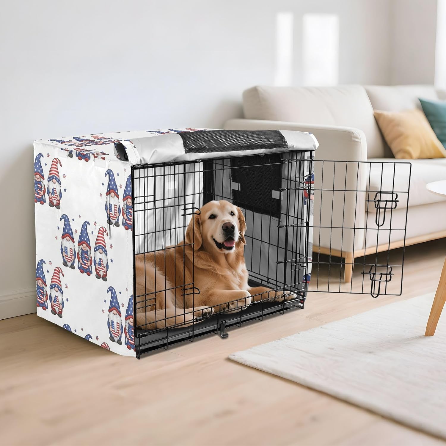 Duty 600D Silver Coated Dog Crate Cover, Water-Resistant Gnomes Pet Kennel Canopy with Mesh Windows for Optimal Ventilation, Universal Fit for Standard Wire Cage, Indoor & Travel