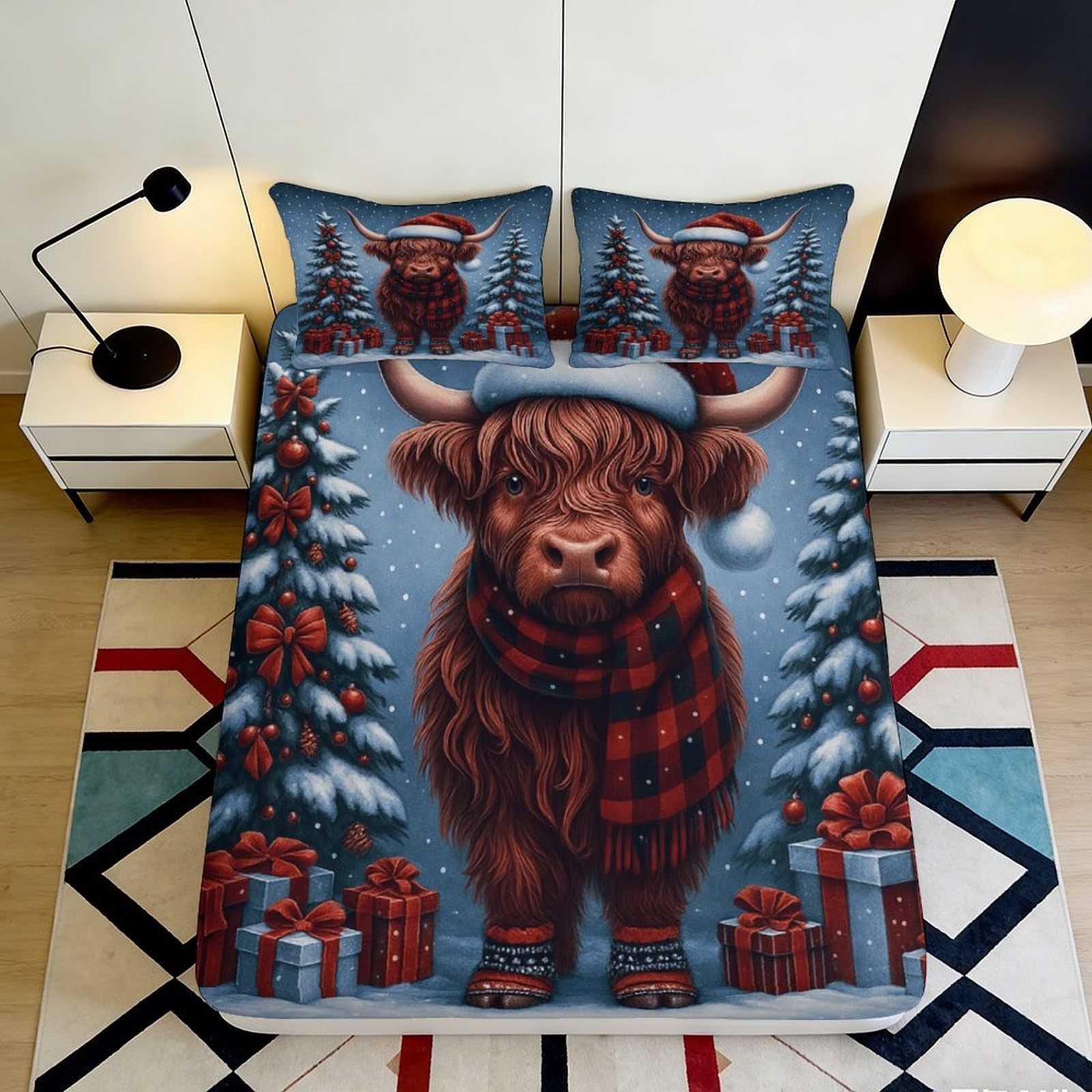 3D Printed Christmas Highland Cow Fitted Sheet Microfiber Anti-Slip Plaid Tree Mattress Cover for Bedroom Guest Room Decor 180x200x25cm