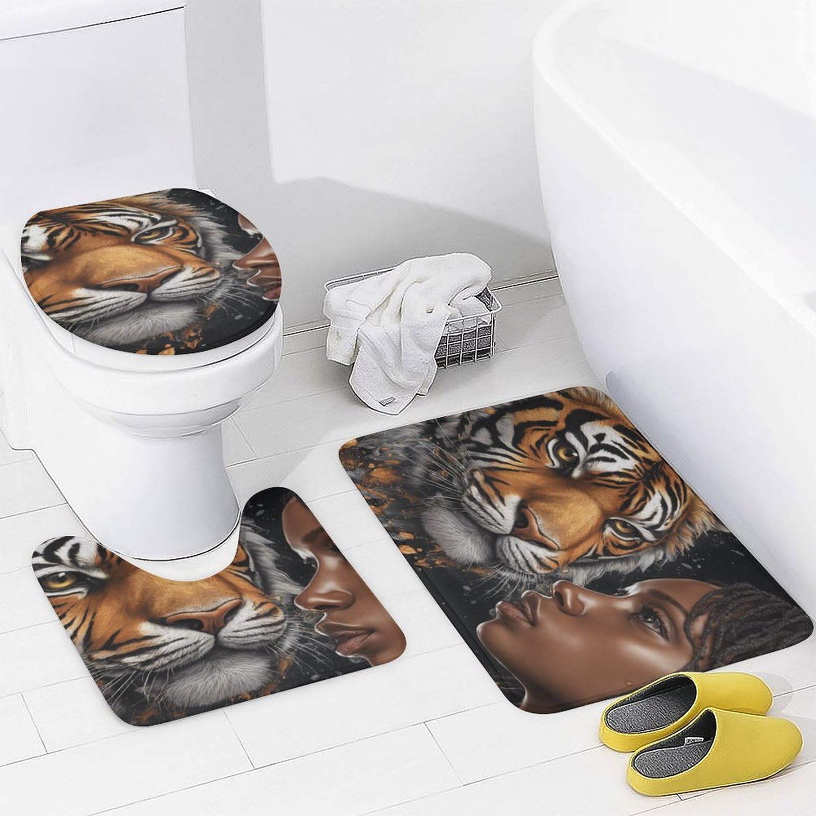 Set Bagno 4 Pezzi Ragazza Nera - Tenda, Tappeti E Copriwater Con Farfalle Viola - Stile Afro Americano Rustico - 2