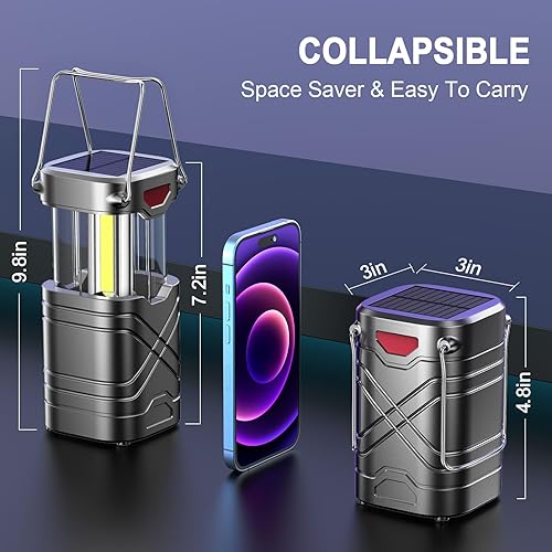 Miniatura 4 de LETMY Paquete de 4 linternas de campamento, linternas LED recargables, faroles solares con batería para huracanes con 3 vías de alimentación y cable