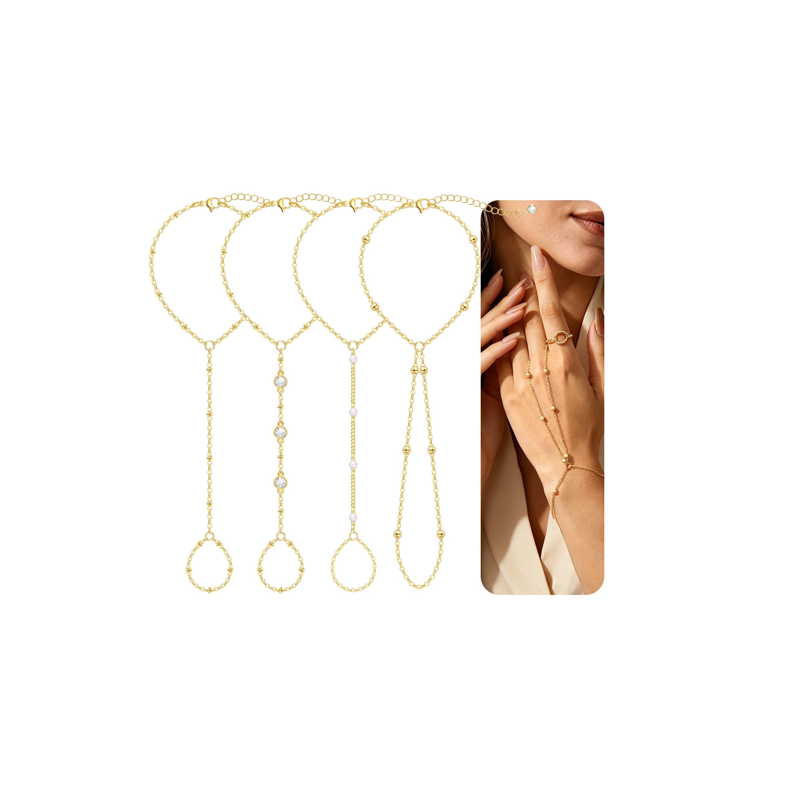 4 Pcs Gold Hand Chain Bracelets for Women, Dainty 14K Gold Plated Ring Bracelet Hand Chain, Stackable Beaded Cubic Zirconia Bracelet Stack Jewelry Gifts