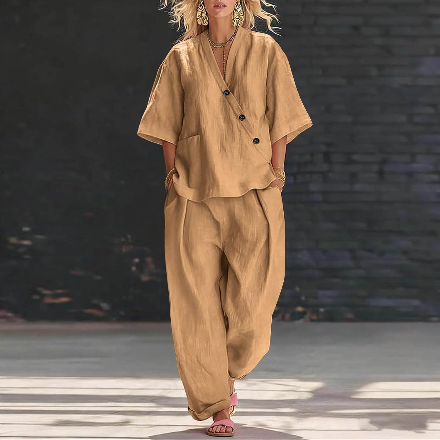 Linen Set for Women 2 Piece Button Side Irregular Shirts Matching Pants Sets 2026 Comfort Casual Airport Outfits