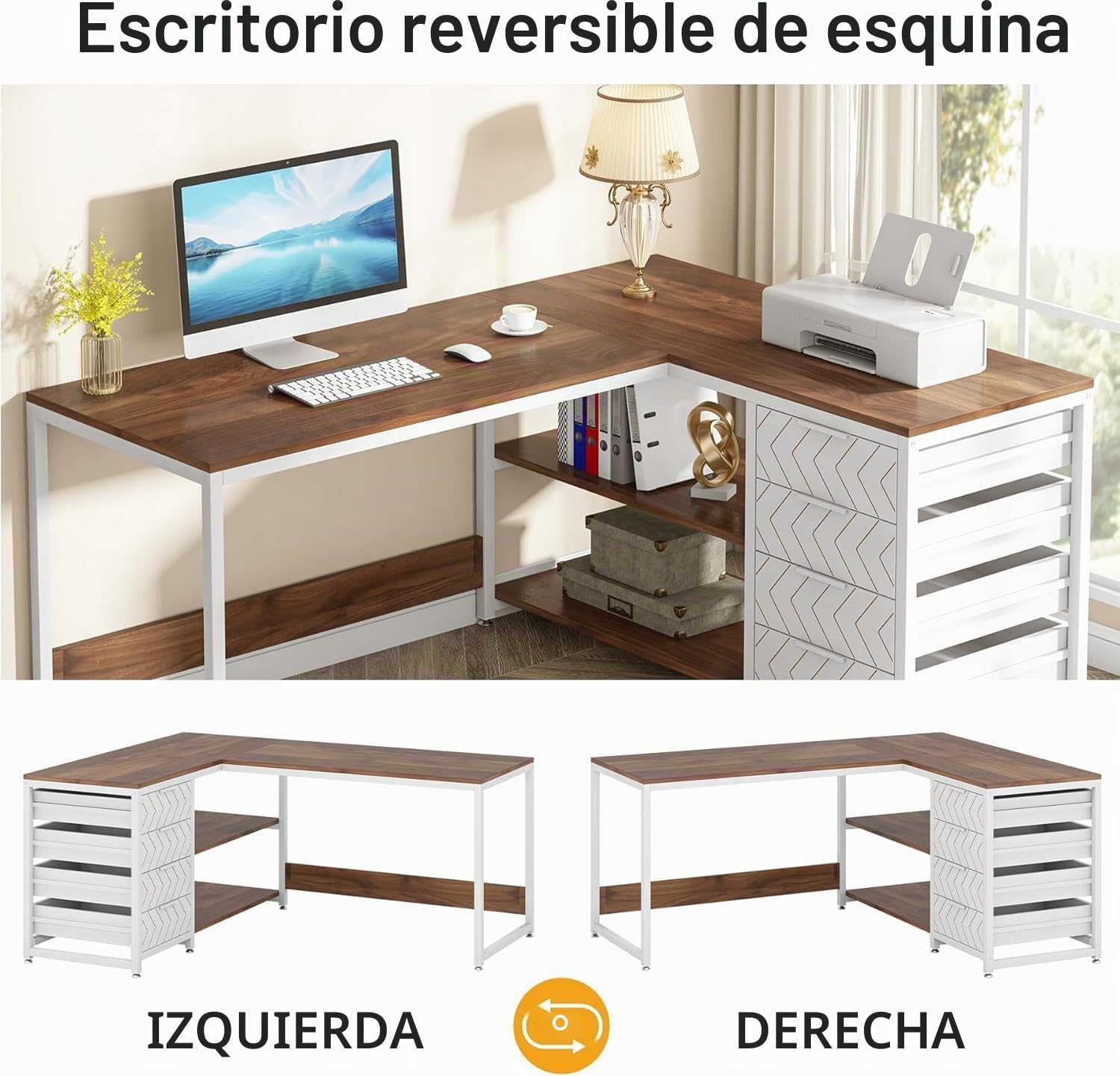 Lailang 150cm Escritorio, Mesa En L, Mesa Escritorio con Cajones, Escritorio de Madera, Bancada de Trabajo Oficina, 150 x 110 x 75 cm, Walnut & White