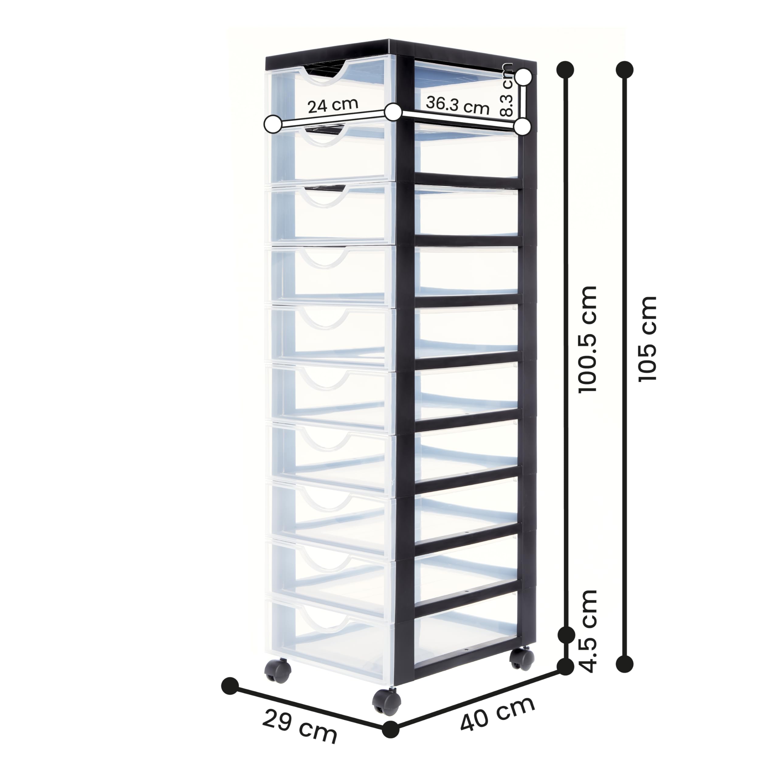 Iris Ohyama, Meuble de rangement, Tour de rangement plastique, Noir, 10 Tiroirs, A4, 4 Roulettes, hauteur 100.5 cm, Papeterie, Chambre, Salle de Bain, Bureau, École, Sans BPA, DDDC-010