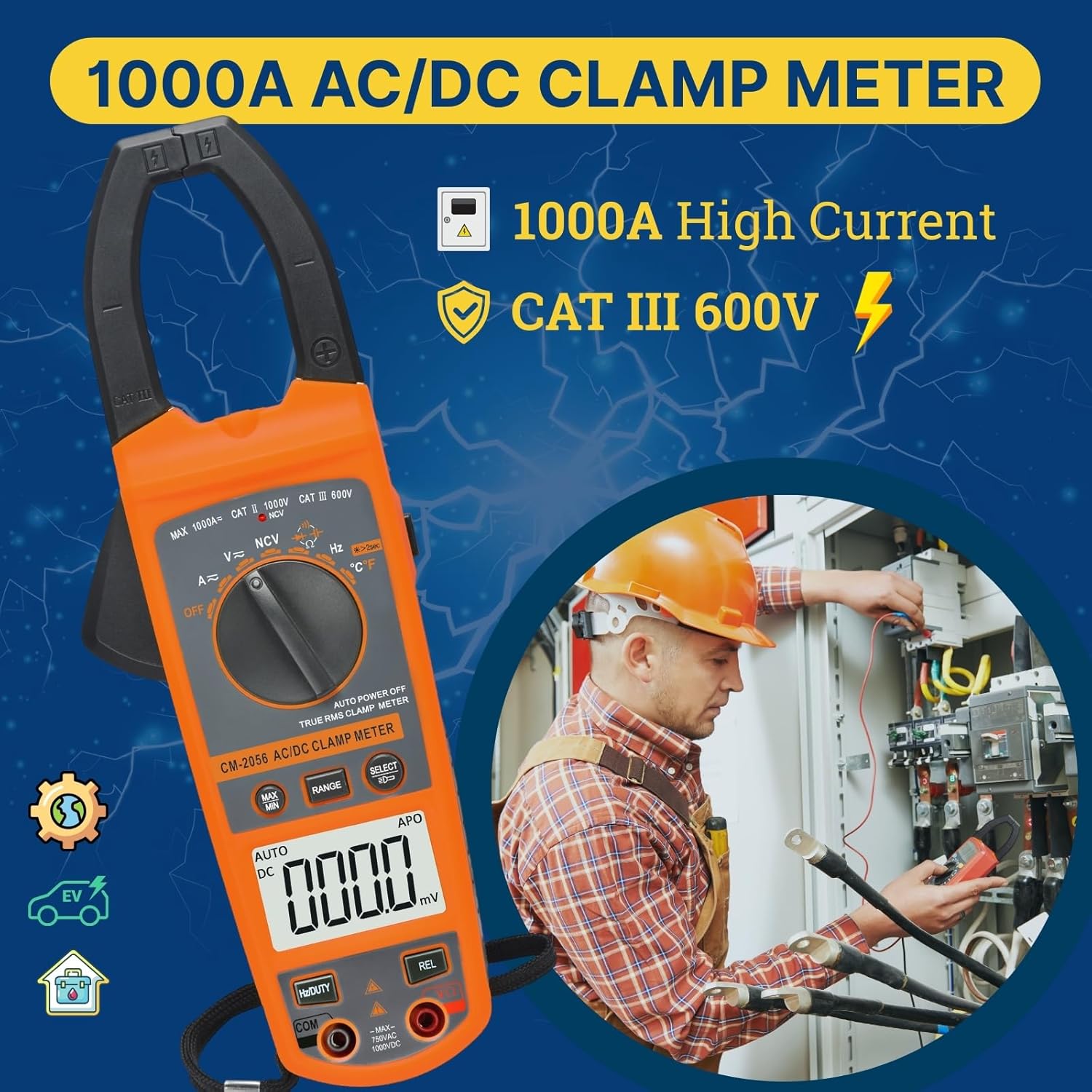 Digital Clamp Meter Multimeter 1000A AC/DC Amp Voltmeter, Auto-Ranging TRMS with Backlit LCD & NCV; Measures Voltage, Current, Temp, Duty Cycle, Capacitance, Frequency