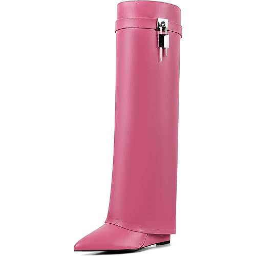 Women Wedge Heel Fold Pointy Pull-On Knee Shark Boot Wide Calf Padlock Boot