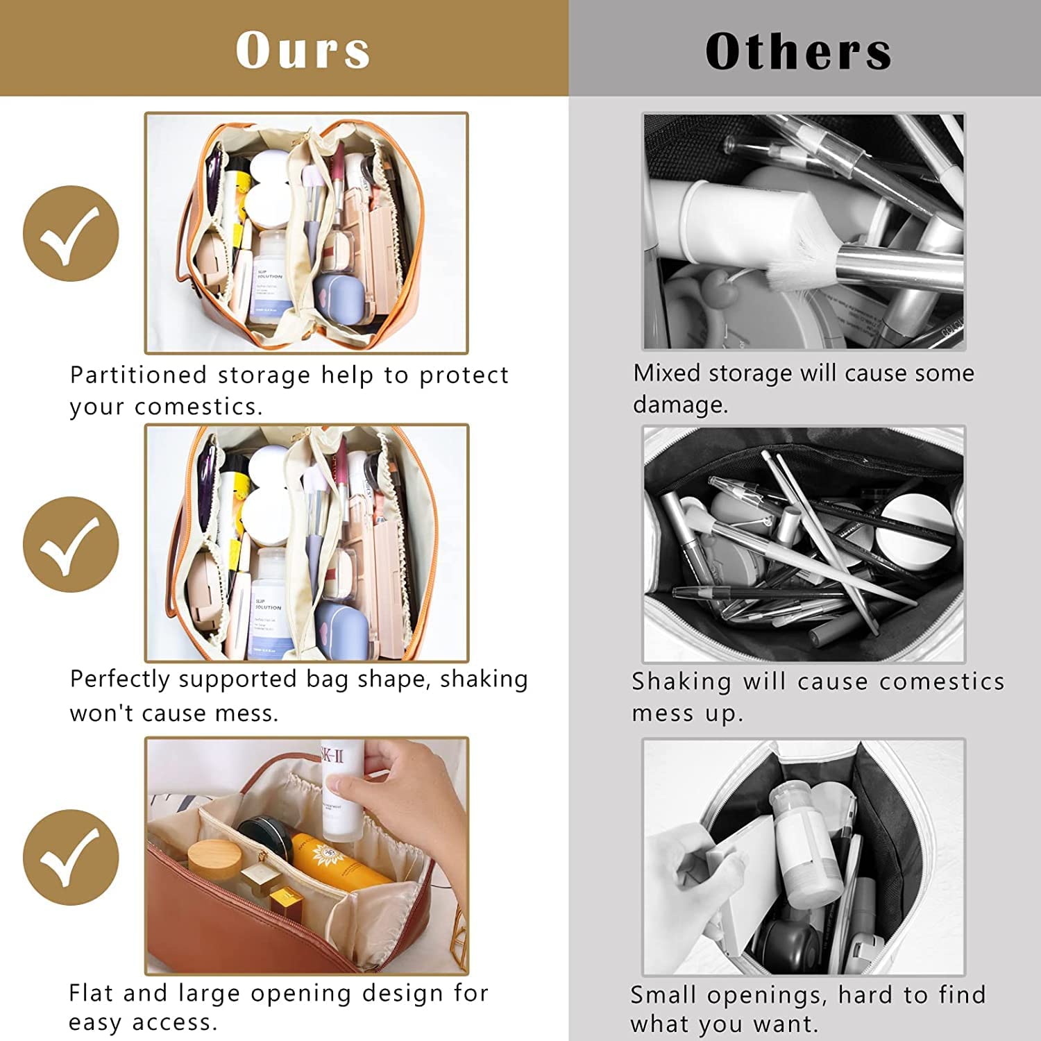 Vruta Large Capacity Travel Cosmetic Bag, Portable Makeup Bag Opens Flat for Easy Access | Waterproof PU Leather | Multifunctional Storage Makeup Bag for Woman (Brown) 9 71jocoasaSL. SL1500