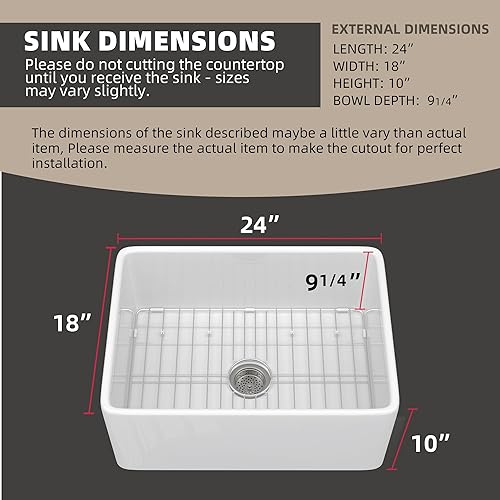 Miniatura 9 de Fregadero pequeño de granja de 24 x 18 pulgadas, fregadero de cocina de arcilla refractaria blanca empotrada, fregadero profundo de un solo tazón en