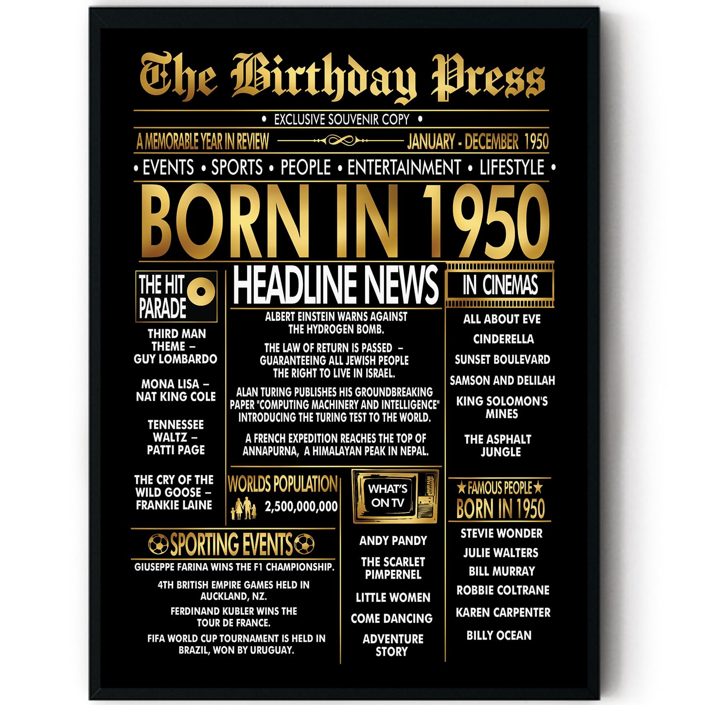 Stuff4 Gold 76th Birthday Poster Framed, Golden Born In 1950 Newspaper