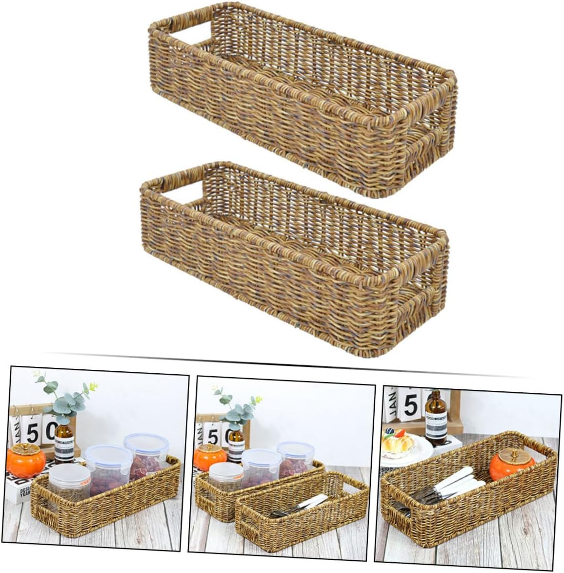 BESTYASH 2pcs Rectangle Woven Rattan Storage Baskets Pantry Organizing Baskets for Kitchen Counter Bathroom Office Versatile Handwoven Storage with Capacity and Rustic Style
