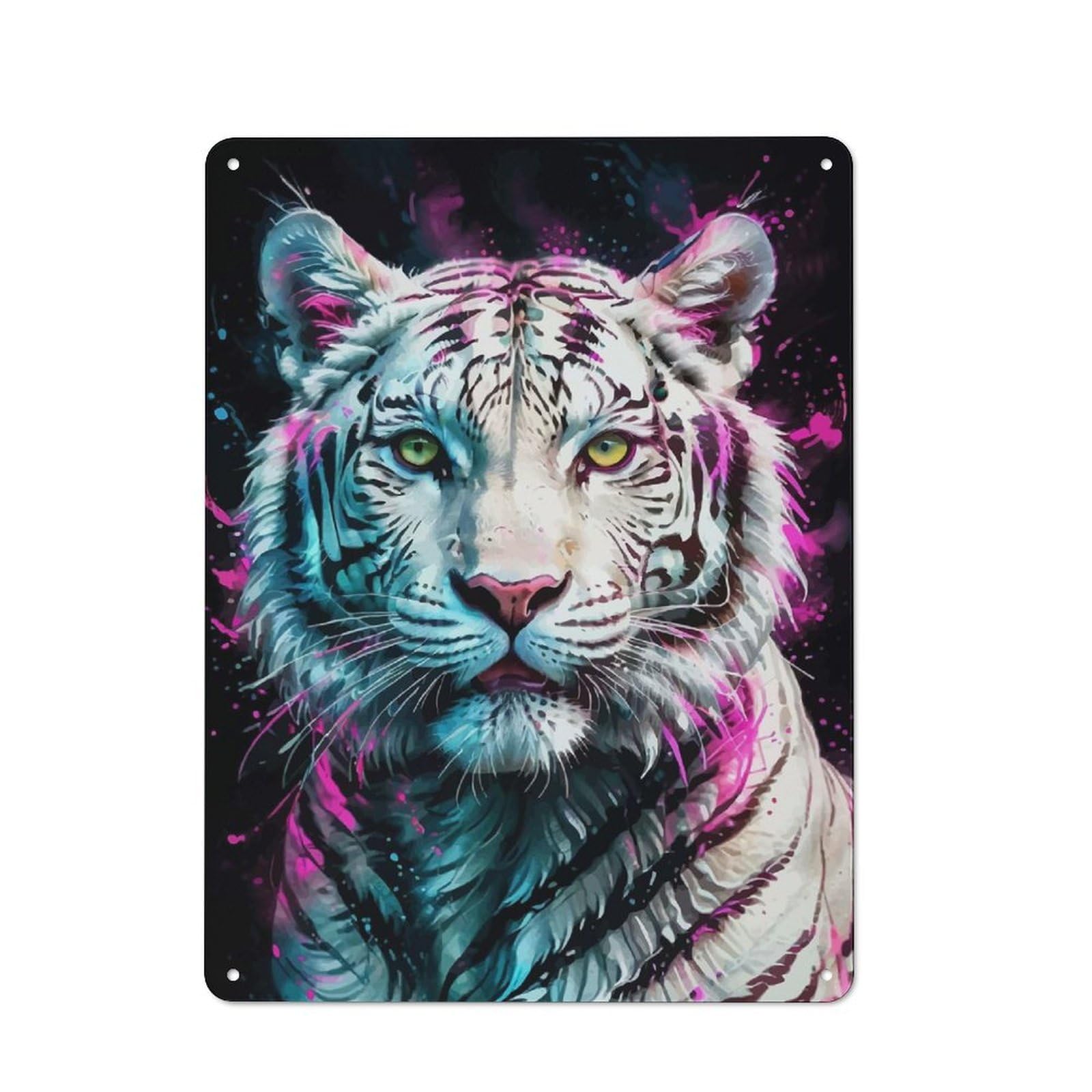 Vintage White Tiger with Neon Splashes Vintage Tin Sign 40x30cm, Cafe Wall Decor for Bakery, Diner, Cafe Or Family Room