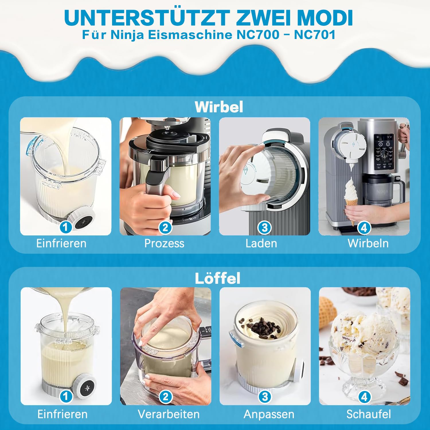 Pots Glace Ninja Lot 2 Bacs Glace Ninja CREAMi NC700 - Sans BPA, Lave- Vaisselle, Couvercles Hermétiques Ninja Creami Deluxe