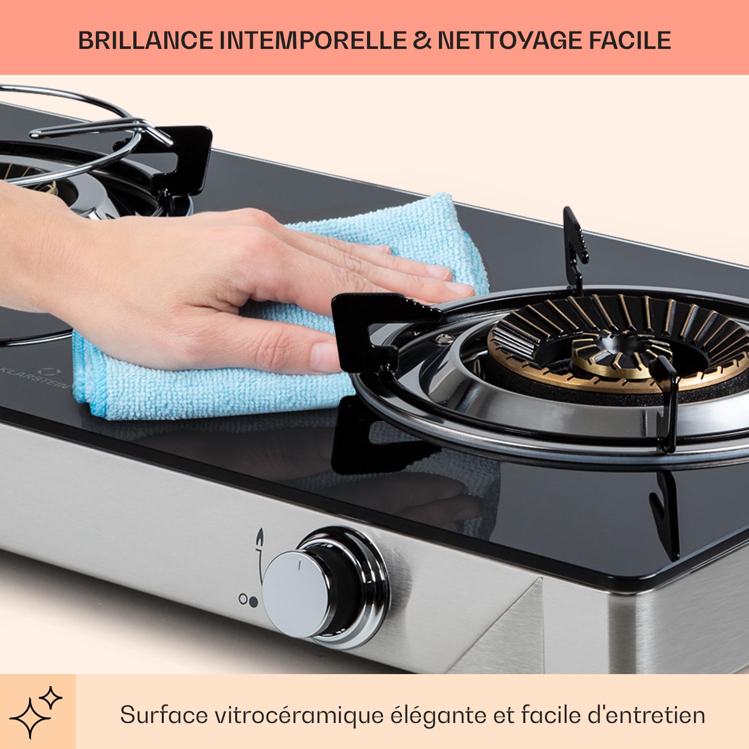 Klarstein Plaque de Cuisson Gaz 2 Feux, Table de Cuisson à 2 Brûleurs, Plaque Gaz de 7.7 kW, Piano Cuisine en Acier Inoxydable, Plaque de Cuisson Inox Portable