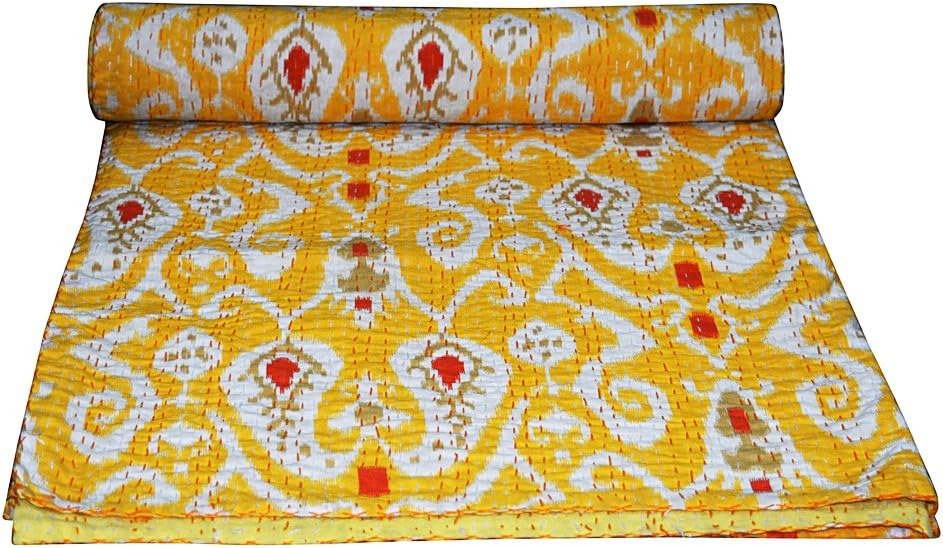 YUVANCRAFTS Indian Handmade Ikat Print Kantha Quilt Queen Size Pure Cotton Kantha Throw Vintage Kantha Bedspread Blanket (Yellow, Twin Size)