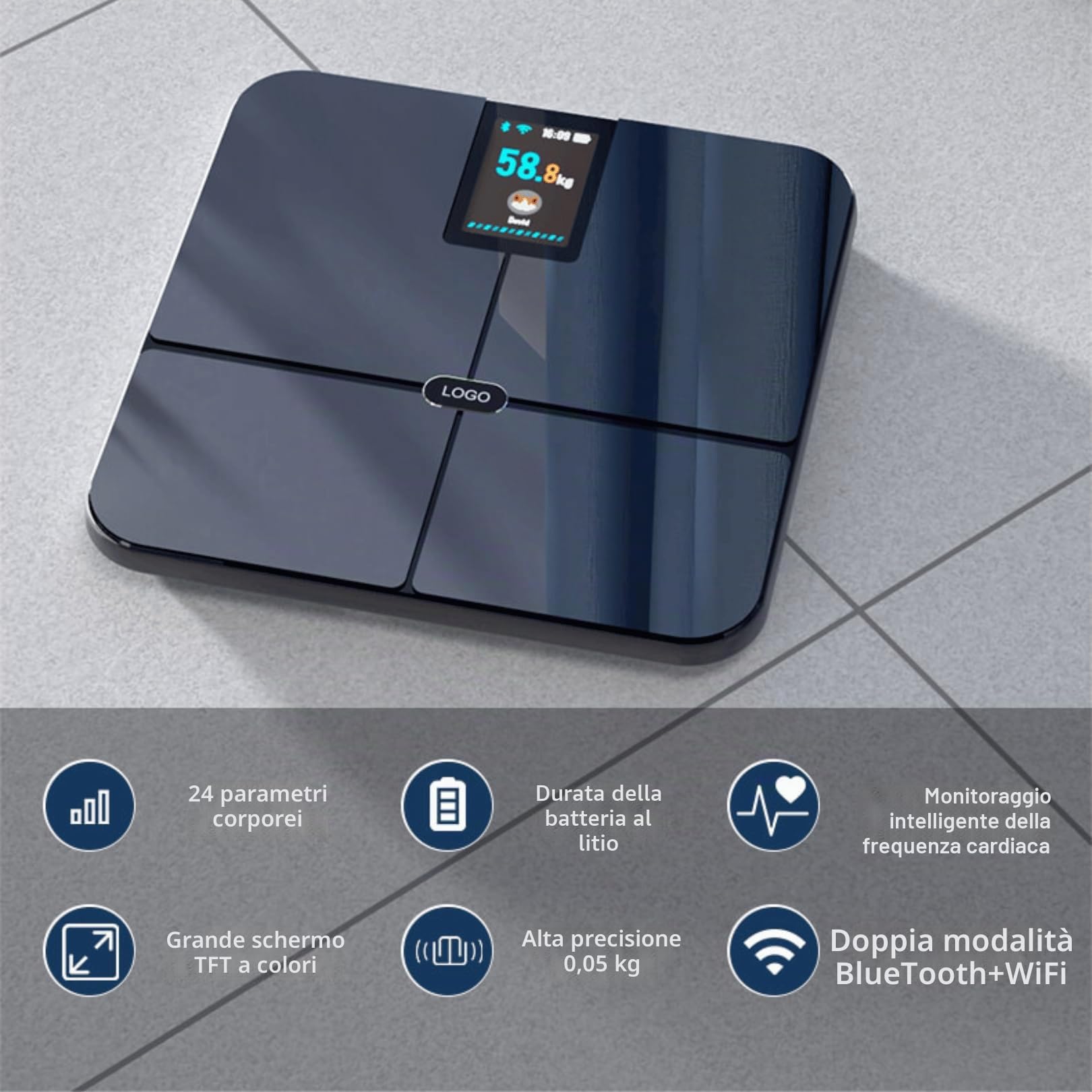 Bilancia Pesapersone Digitale Smart Professionale 180kg - Impedenziometrica con WiFi & Bluetooth, 16 Parametri BIA, Alta Precisione 0,1kg, 4 Elettrodi e Display a Colori TFT