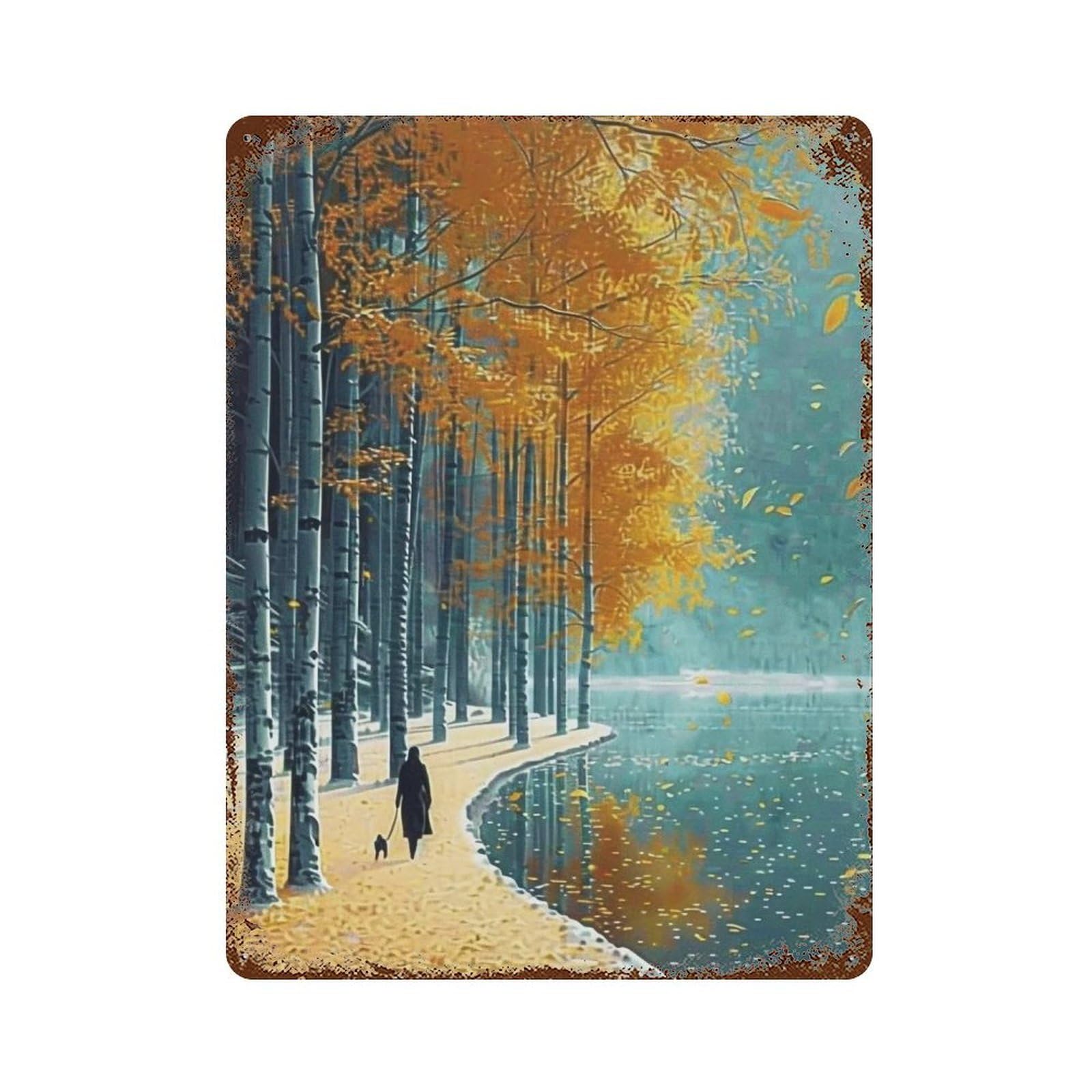 WUJHGRSG Impasto Autumn Riverside Stroll Scene 01 Wall Art Retro Iron Vintage Metal Tin Sign Poster Modern Decor for Home Cofffee Club Bar Shop Style 40x30cm