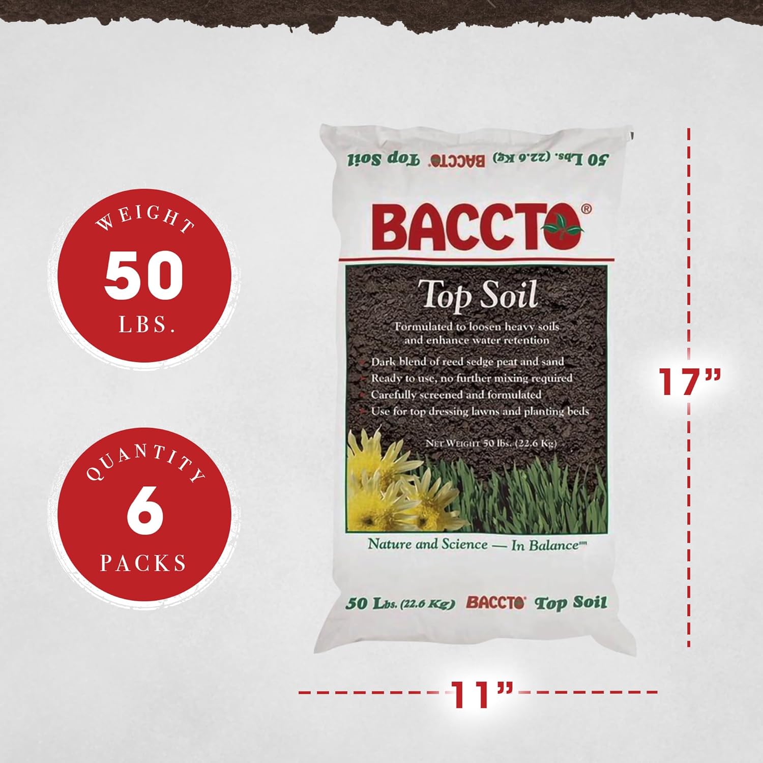 Michigan Peat 1550P Baccto Top Soil for Lawns, Gardens, and Raised Planting Beds with Reed Sedge, Peat, and Sand, 50 Pounds (6 Pack)