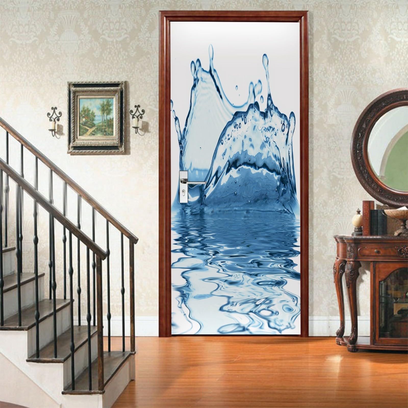 A.Monamour 3D Door Stickers for Interior Doors Splashes of Blue Water on A White Background Vinyl Waterproof Self Adhesive Door Mural Decals for Bedroom Office Bathroom 85x200cm