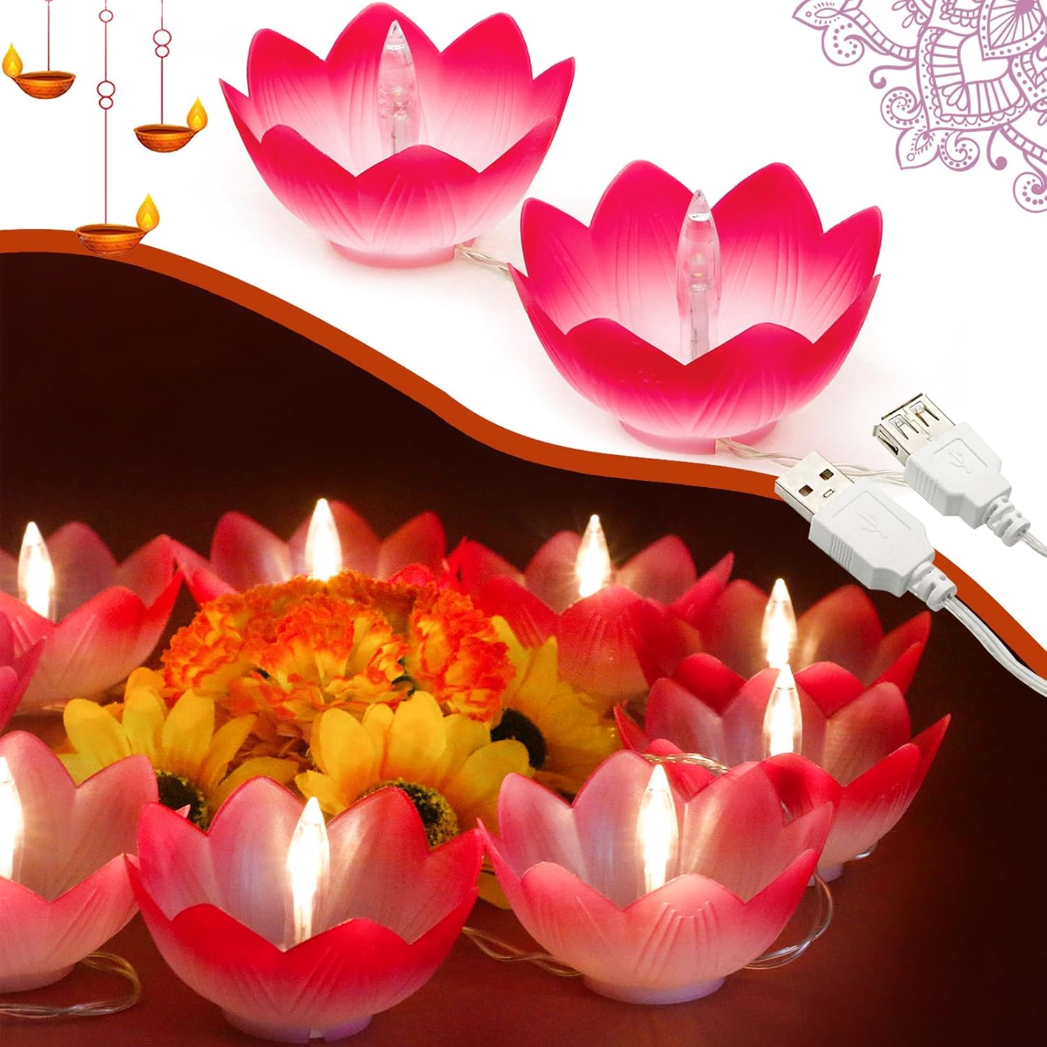 Diwali Lotus LED Diyas String-Lights – USB Powered...