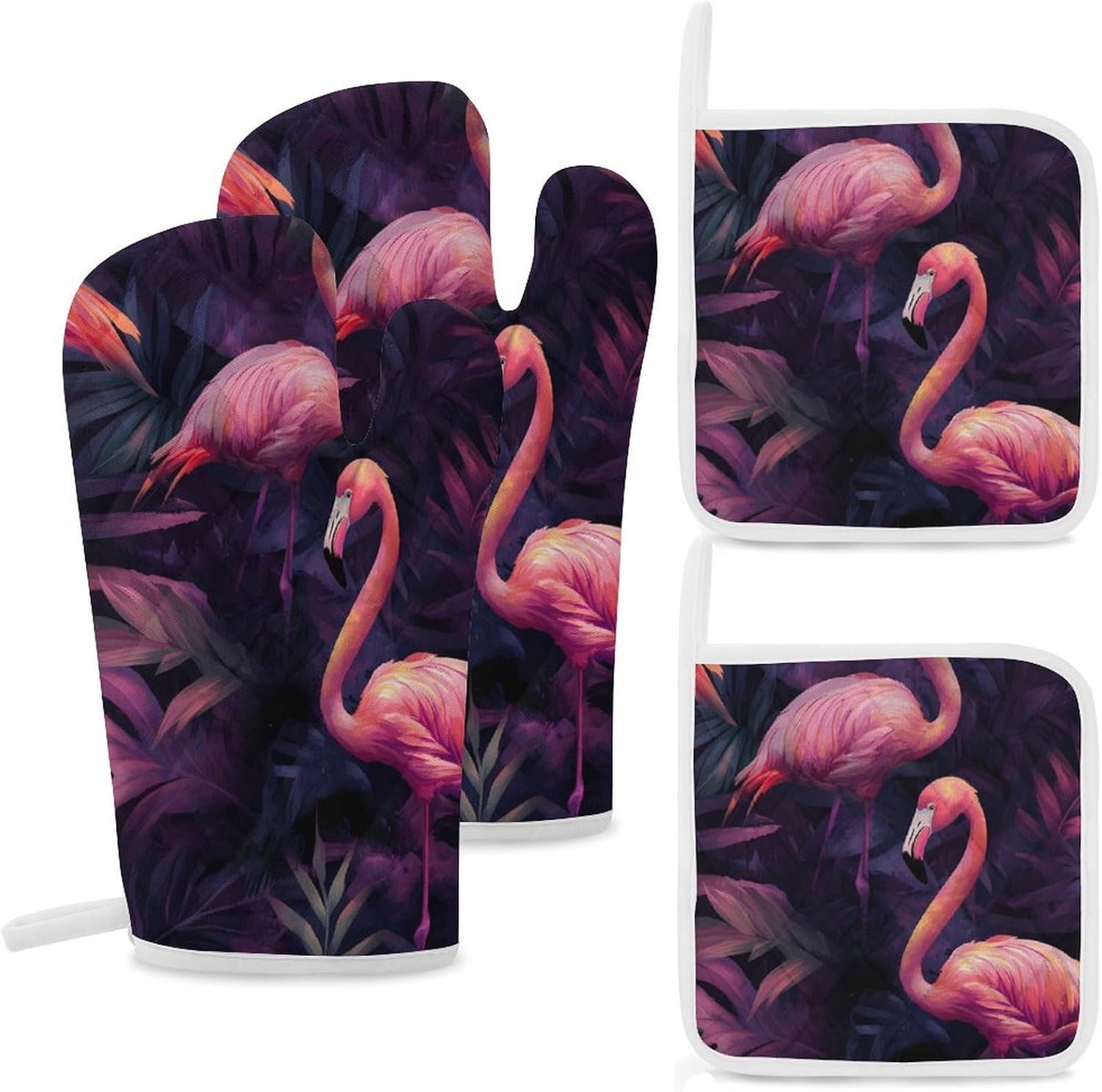 Passion Flamingos Tropical Plants Oven Mitts and Pot Holders 4Pcs Set Heat Resistant Cooking Mitts Hot Pads