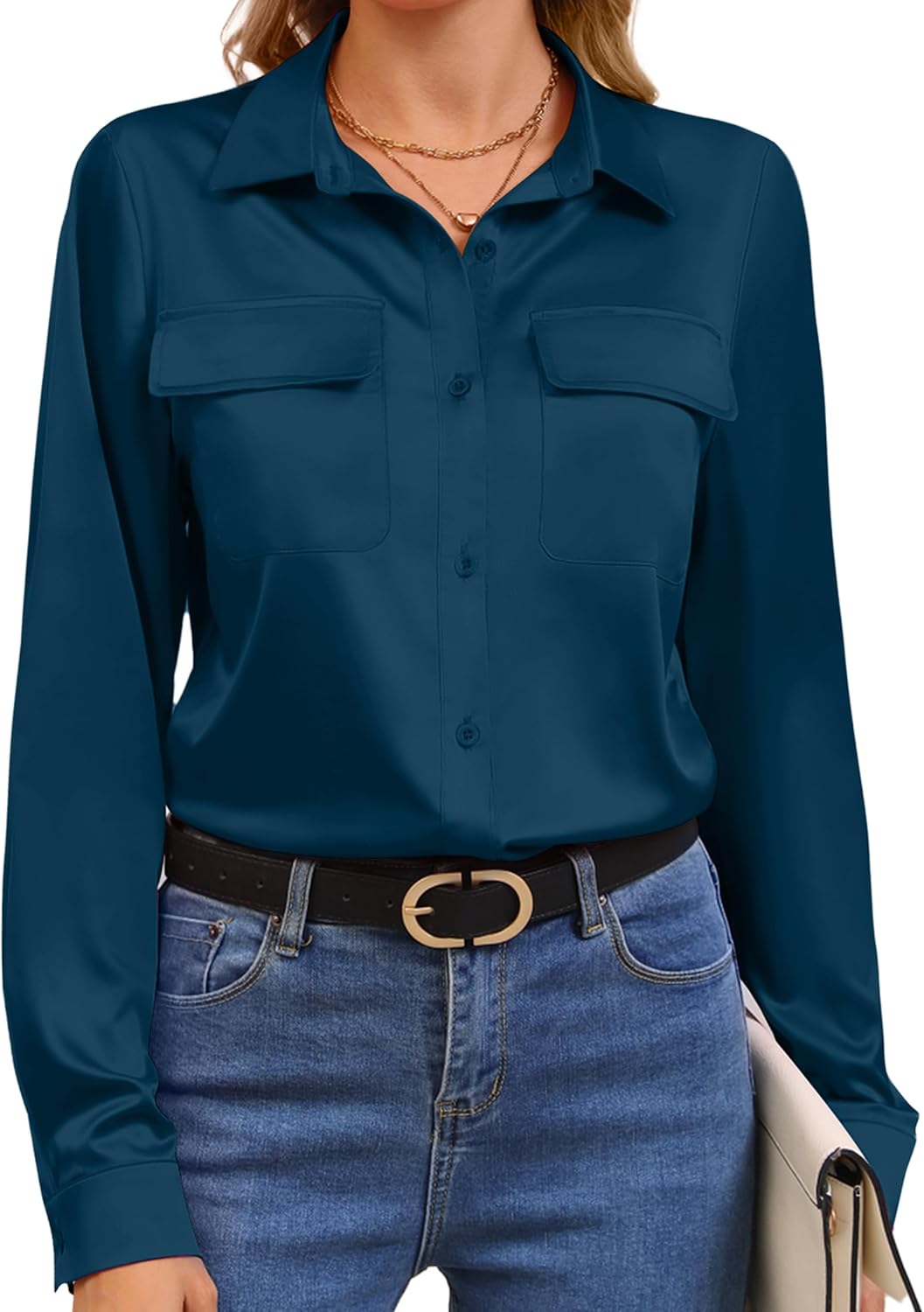 Soft Satin Silk Button Down Shirts with Pockets Ladies Long Sleeve Blouse Relaxed Fit Blouse Work Casual Dressy Tops