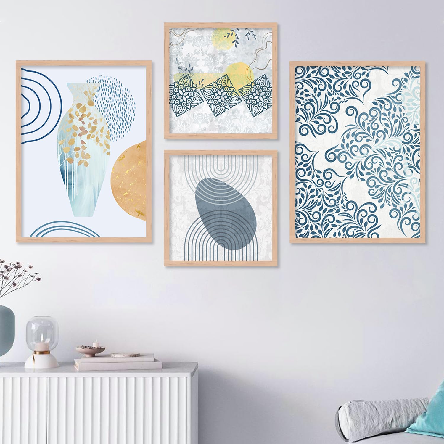 kotart Minimal Colorful Abstract Modern Art Wall Painting with Frame for Living Room Bedroom Hall Office - Framed Painting for Wall Decoration - Wall Decor for Home - Set of 4 (Art 5, Small (10x13 or 10x10 inch))