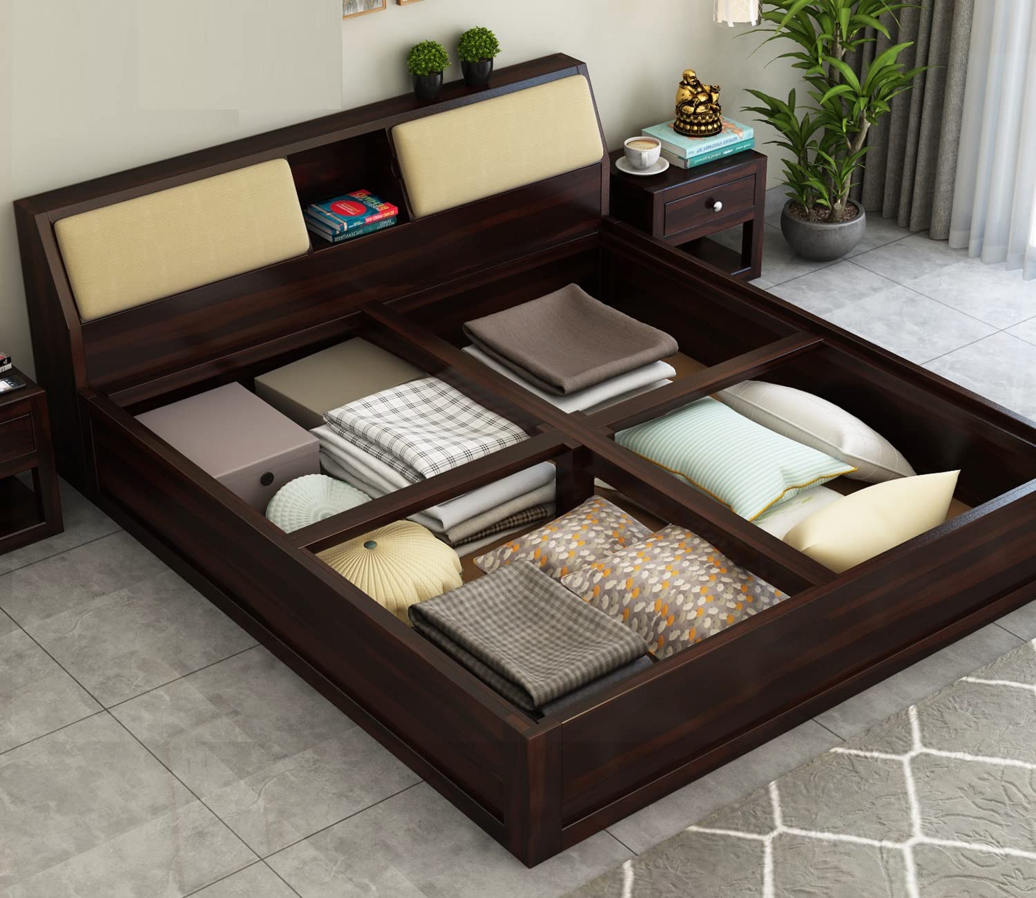 STRATA FURNITURE Sheesham Wood King Size Bed with Box Storage Wooden Double Bed Cot Bed Furniture for Bedroom Living Room Home - (Walnut Finish) 4 71jodeNodoL. SL1500