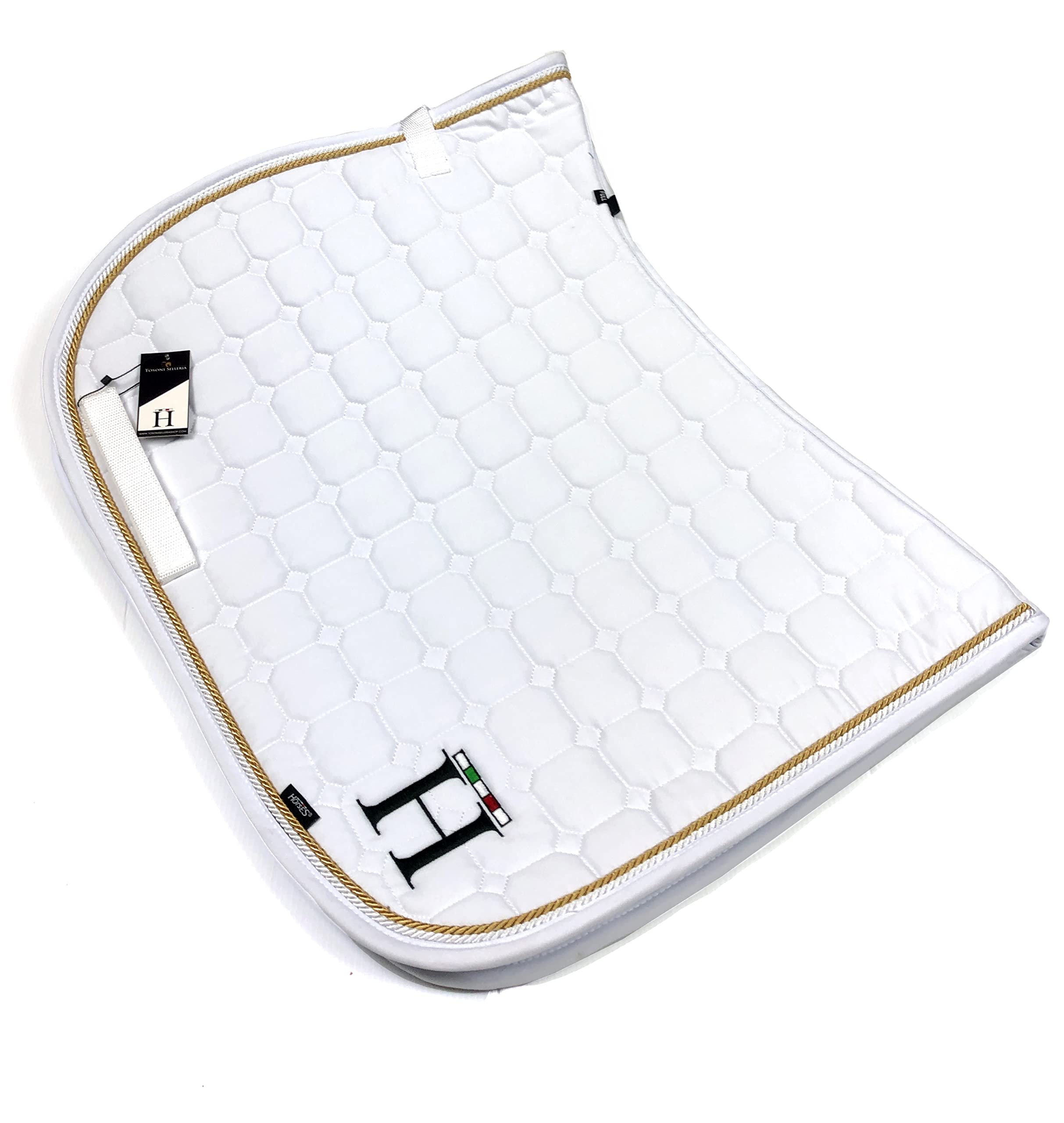 Horses, Mantilla para Caballos Ideal para Salto Ecuestre 100% Algodón, Cierre de Velcro, Ribete Trenzado, Antichoque (blanco/oro frío)