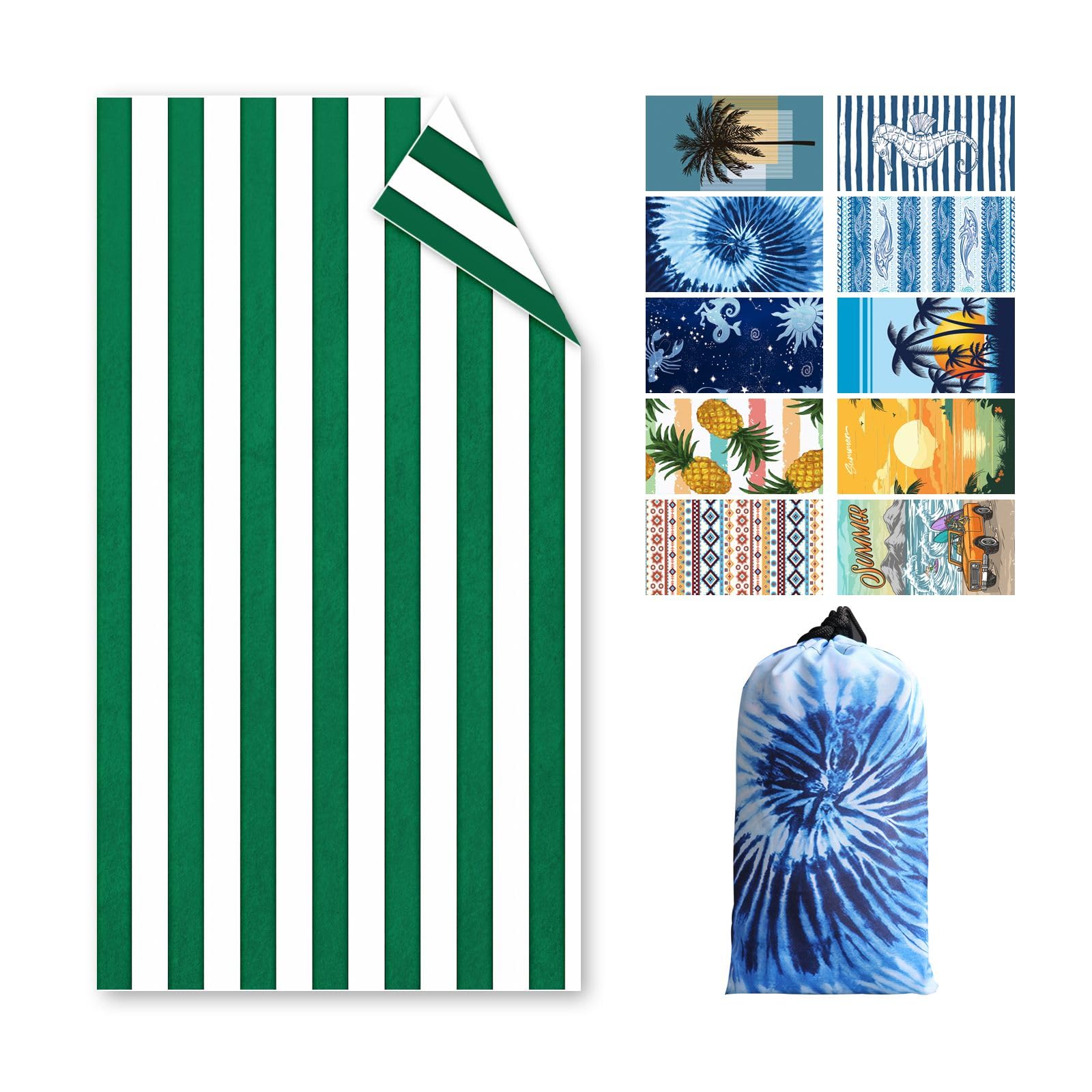 Strandtuch Groß, 180 x 100 cm Doppelseitig Strandhandtuch, Schnell Trocknendes, Weiches, Leichtes, Pflegeleicht, Sandfreies Microfaser Handtücher für Reise Urlaub Schwimmen Camping, m it Tasche