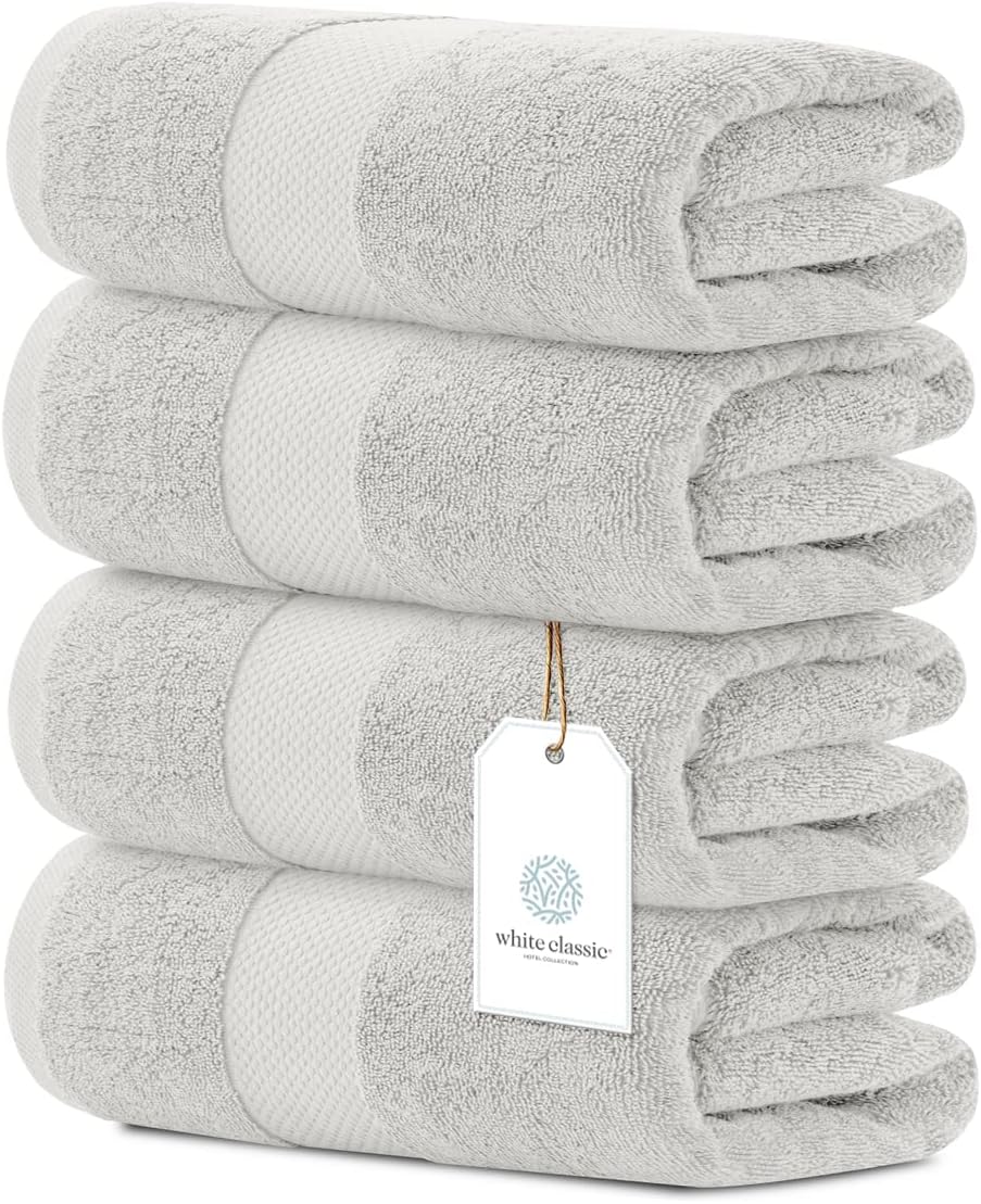 White Classic Luxury Bath Towels Set of 4 Large - 700 GSM Cotton Ultra Soft Bath Towels 27x54 | Highly Absorbent and Quick Dry | Hotel Towels for Bathroom Luxury, Plush Shower Towels, Silver - Thumbnail 2