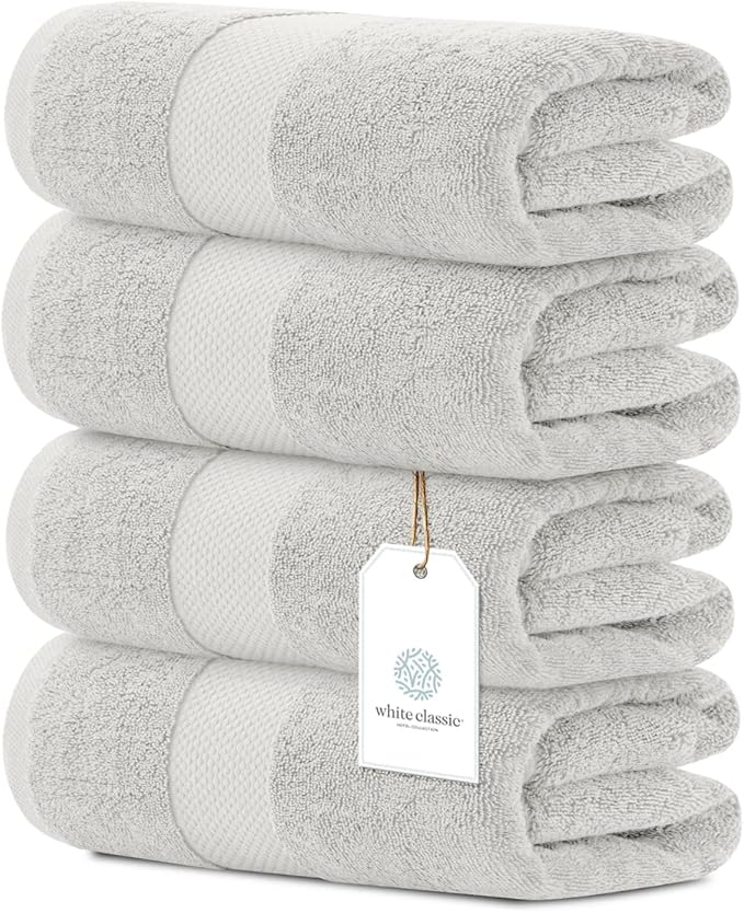 White Classic Luxury Bath Towels Set of 4 Large - 700 GSM Cotton Ultra Soft Bath Towels 27x54 | Highly Absorbent and Quick Dry | Hotel Towels for Bathroom Luxury, Plush Shower Towels, Silver