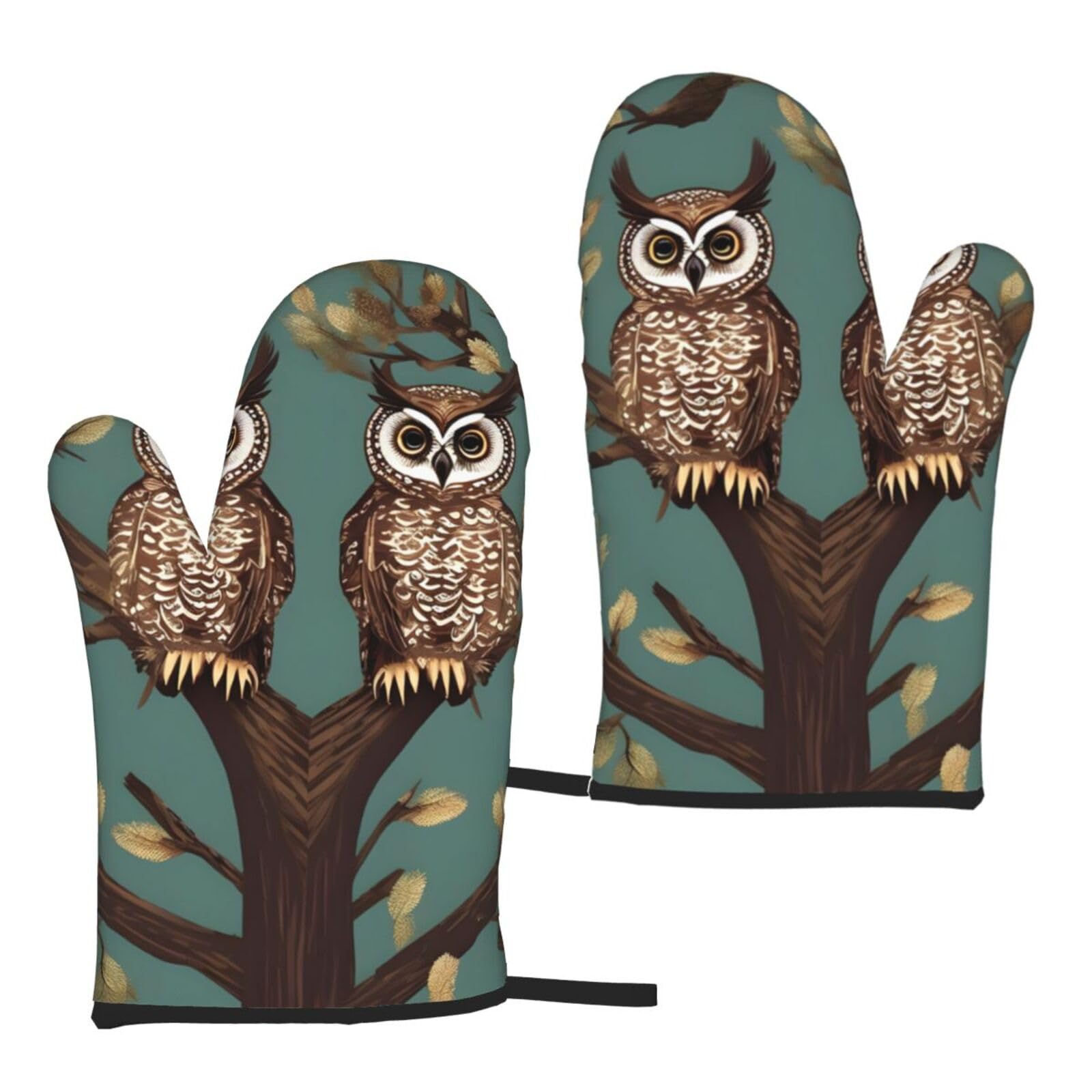 Nimongt Women's Black Owl Tree Branches Print Adults Universal Fit Heat Resistant Oven Gloves Reusable Cooking Outdoor Grilling