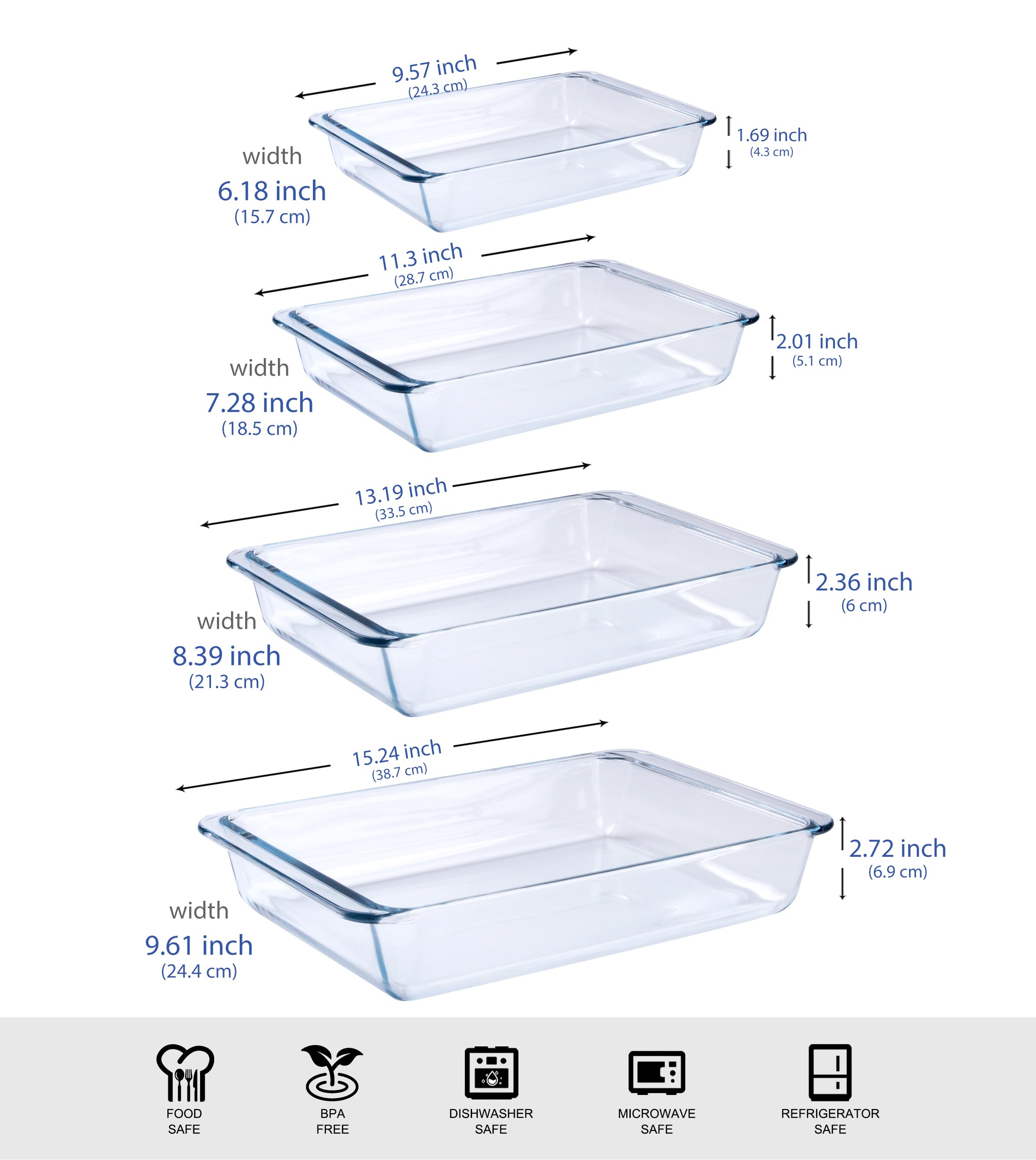 HUSANMP Basic Set of 4 pcs Tempered Nesting Glass Baking Pan Set, Glass Baking Dish Set. Oven, Microwave, Refrigerator and Dishwasher Safe - 1L, 1.7L, 2.8L, 4.2L
