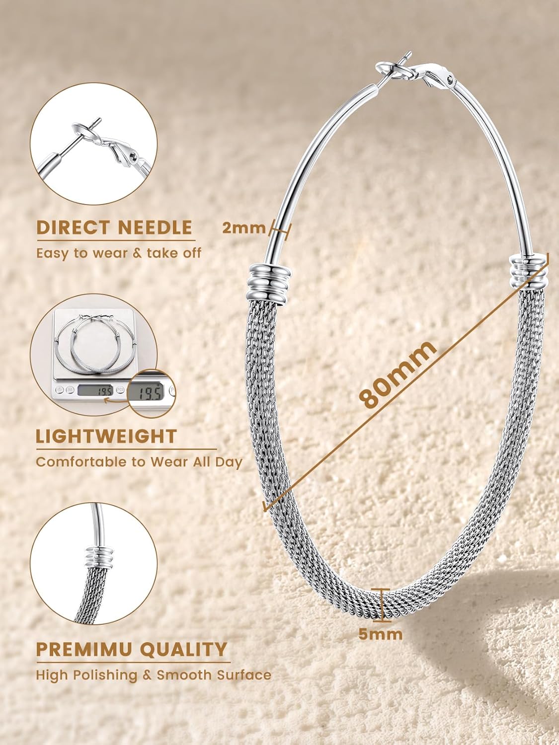 KeyStyle Mesh Hoop Earrings for Women, Stainless Steel Gold Hoops Earring Lightweight Loops, 2MM Thick Hypoallergenic Circle Endless Hollow Hoop 20mm-80mm - Image 5