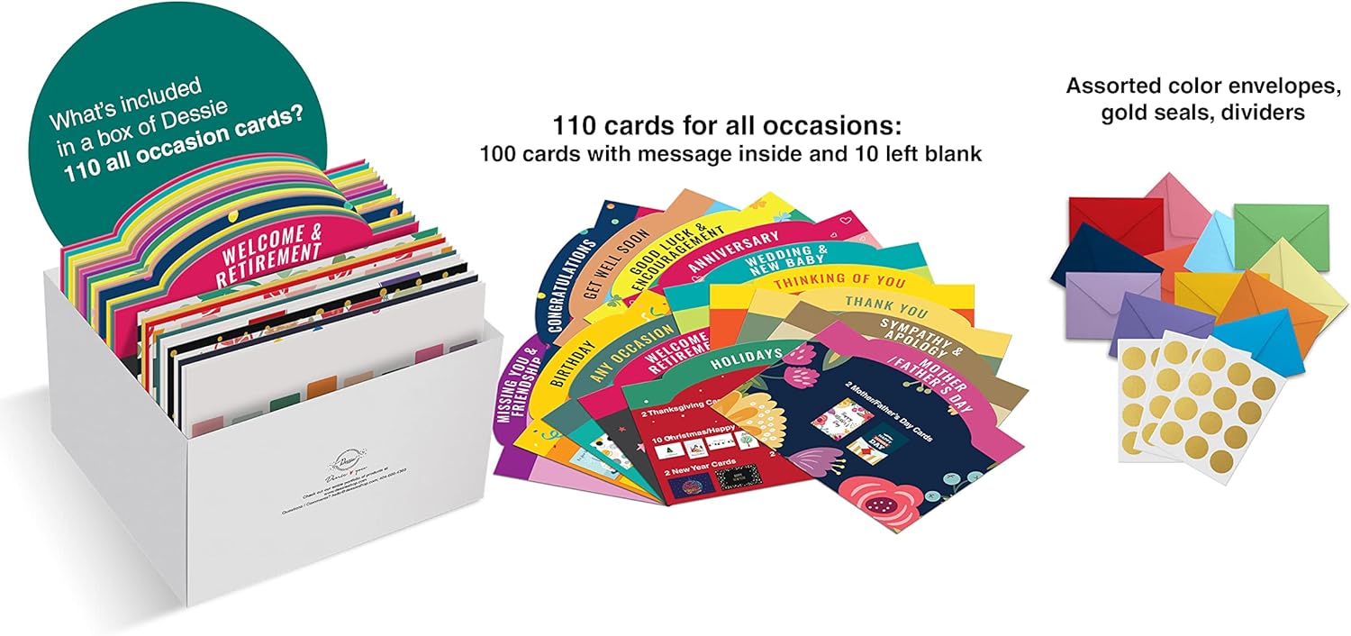 Dessie 110 Large All Occasion Cards Assortment Box with Envelopes. Greeting Cards Assortment Box All Occasion with Inside Message. Includes Birthday Cards , Sympathy Cards, Thinking Of You Cards Holiday Cards In Card Organizer Box with Dividers, Colored Envelopes And Gold Seals : Office Products