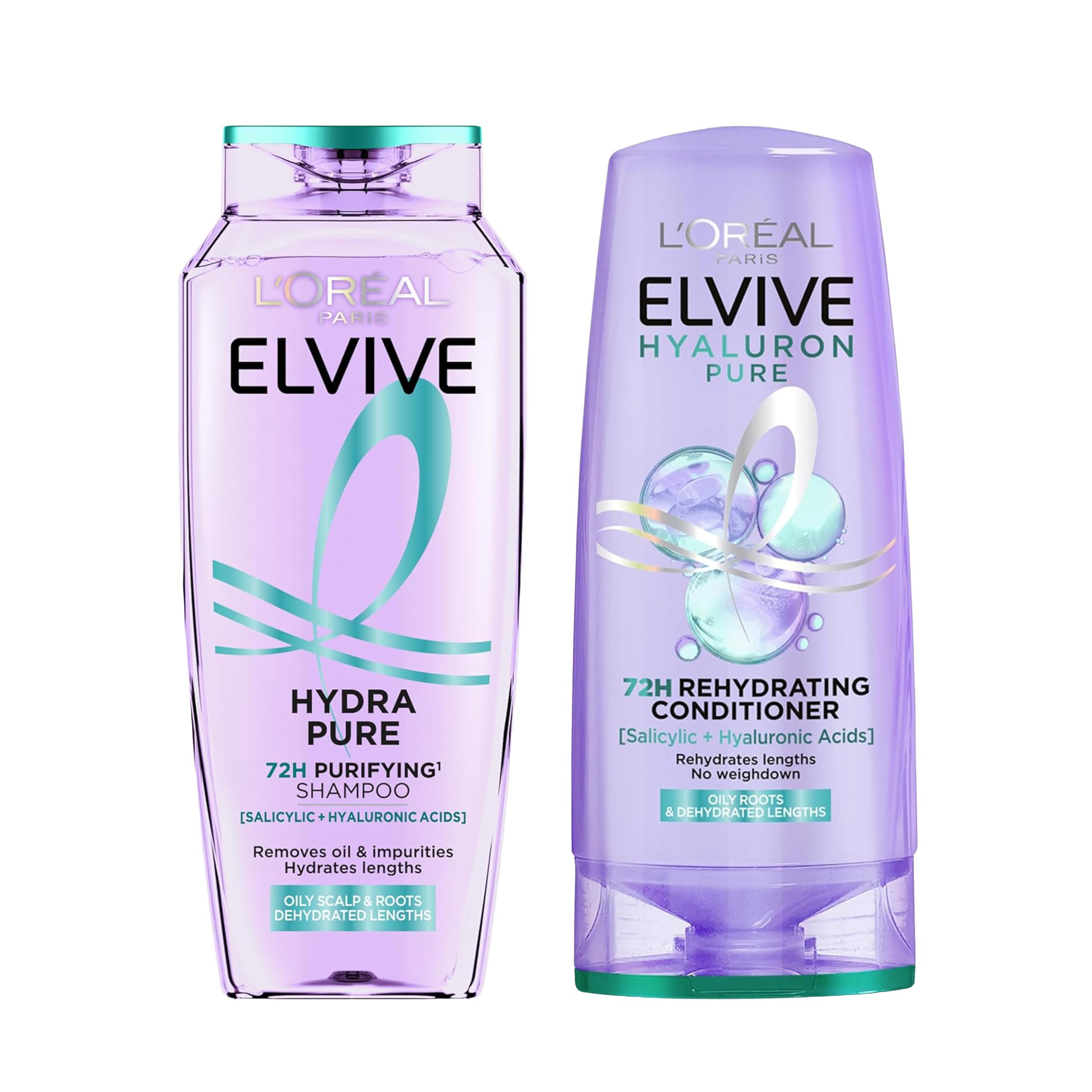 L'Oreal Paris Elvive Hydra Pure Scalp Purifying Duo – 400ml Salicylic Acid Shampoo & 300ml Hyaluronic Acid Conditioner Set for Greasy Roots & Dry Ends