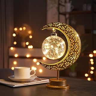 Moon Lamp, Tabletop Enchanted Lunar Lamp, Crescent Moon Light for Bedroom, Magic Kids Night Lights, Battery Operated Table Lamp with Fairy Galaxy Light, Christmas Decor, Retro Decorations