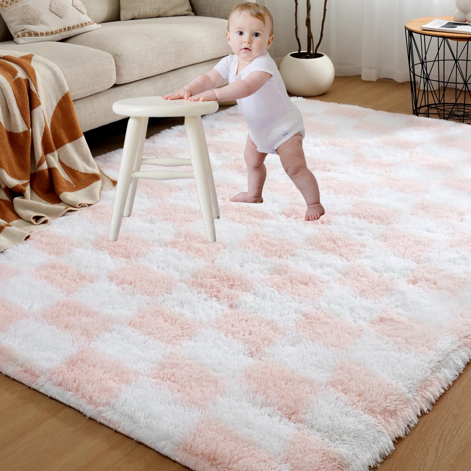 Gsogcax Checkered Rugs Living Room 4'×5.3' Super Soft Fluffy Area Rugs for Bedroom Shaggy Anti-Skid Comfortable Large Rugs Indoor Modern Home Decor Floor Carpet - Pink & White 120x160 — image 1