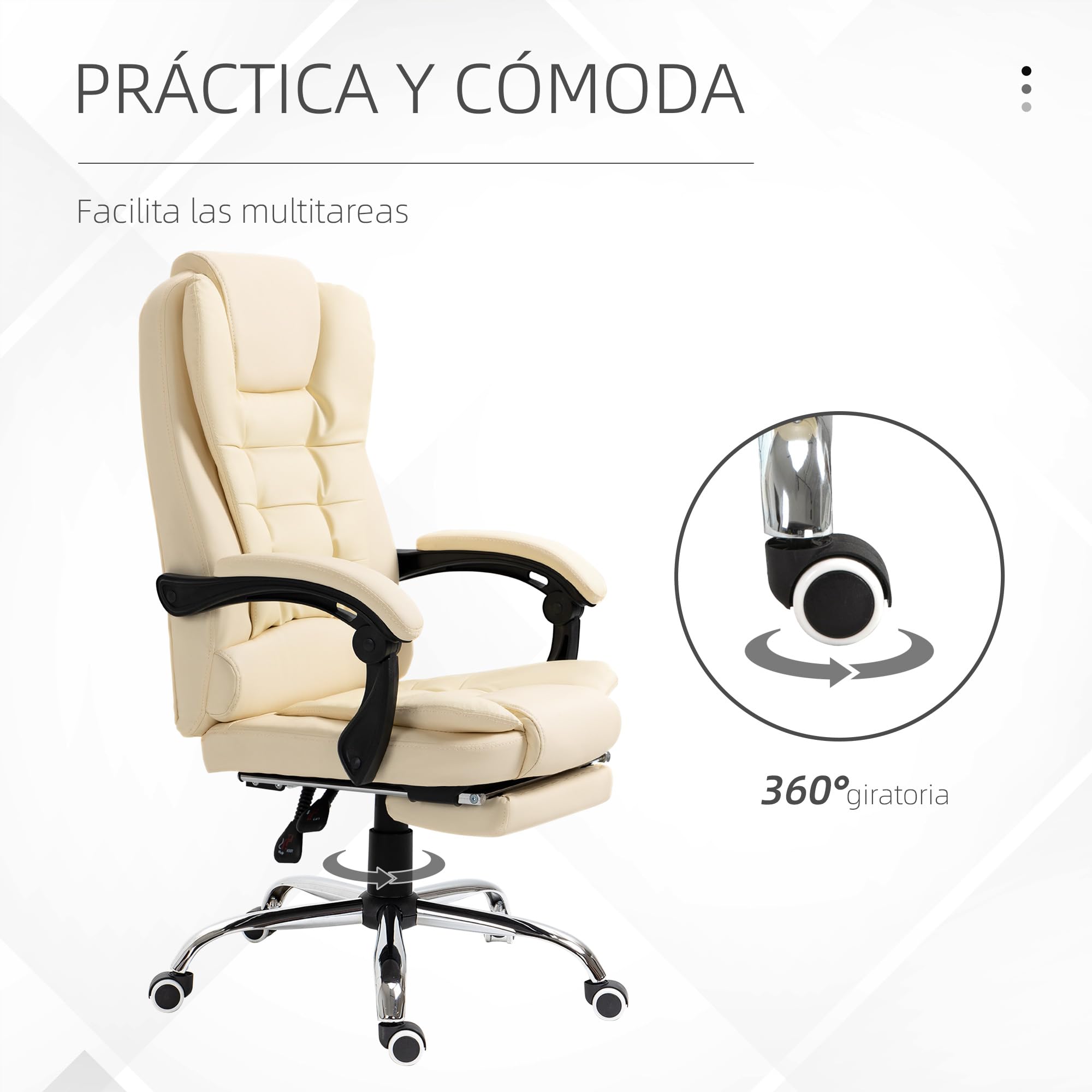 HOMCOM Silla de Oficina Reclinable con Reposapiés Altura Ajustable Crema | Silla de Escritorio Giratoria, Tapizada en PU, con Reposabrazos, para Estudio