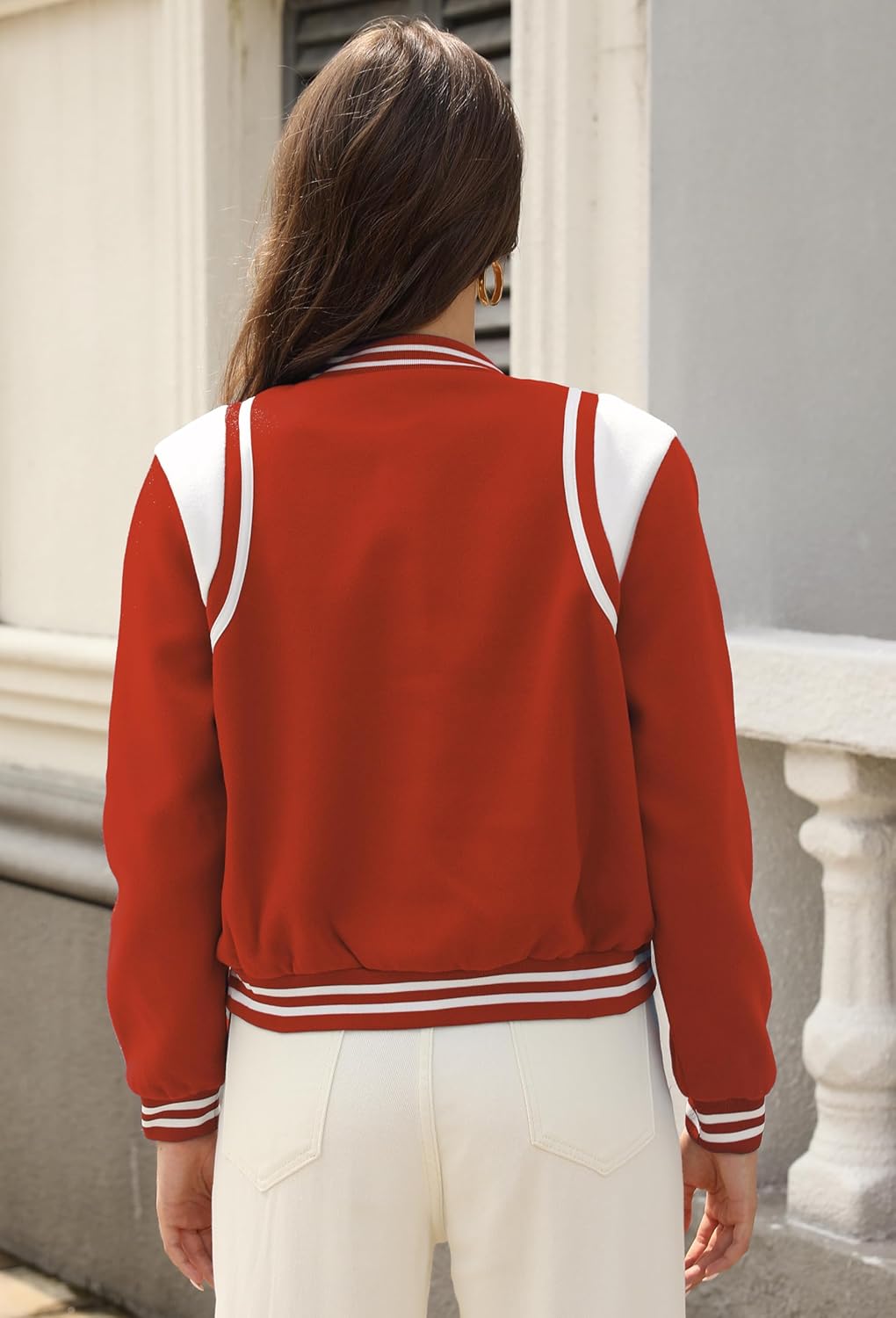 Womens Cropped Bomber Jacket Long Sleeve Button Down Baseball Varsity Fall Outerwear - Image 6