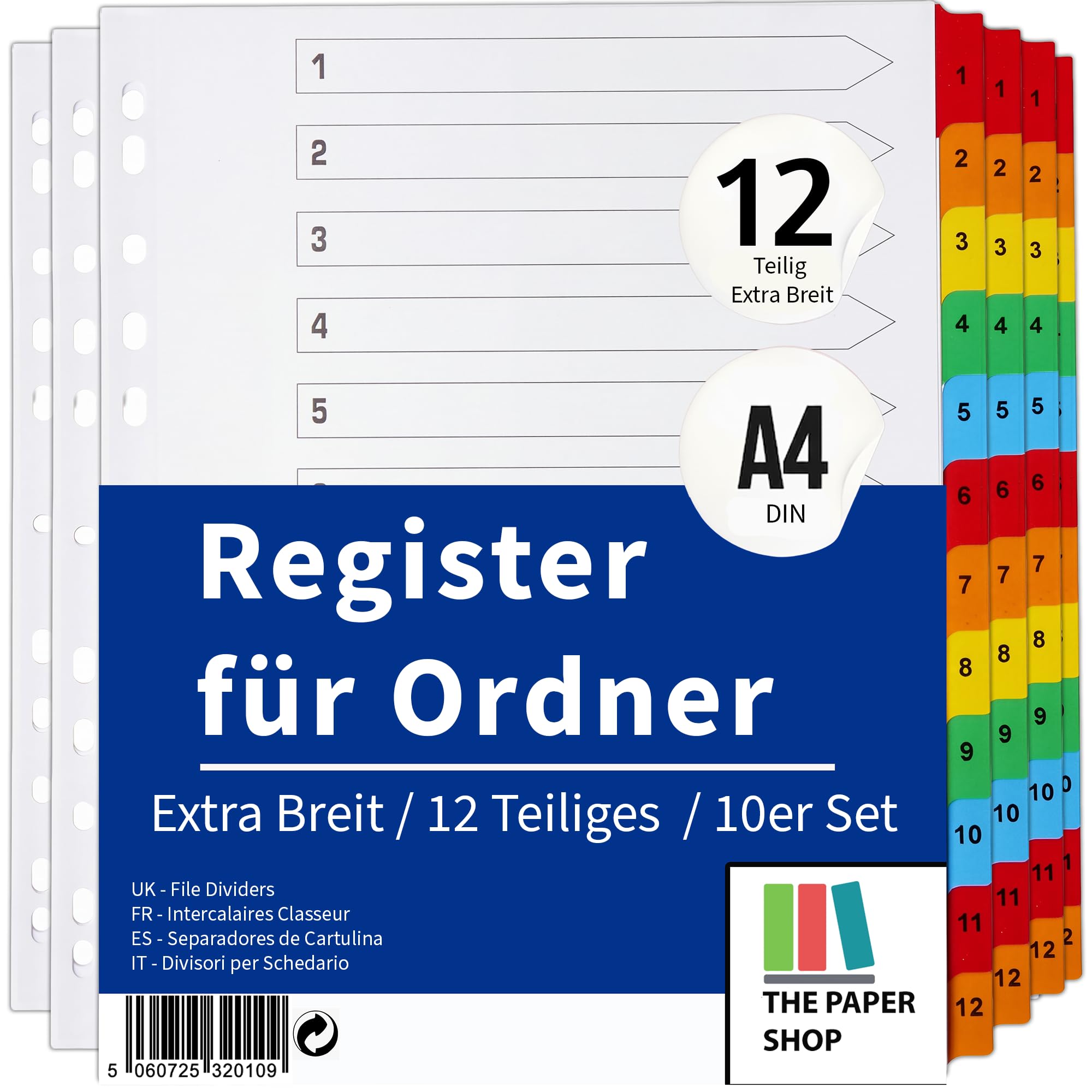 The Paper Shop Register für Ordner A4+ Extra Breit - 12-teilig Nummeriert (10 Pack) | Trennstreifen & Unterteiler für Ringordner | Extra Breite Trennblätter Großpack - 120 Stück