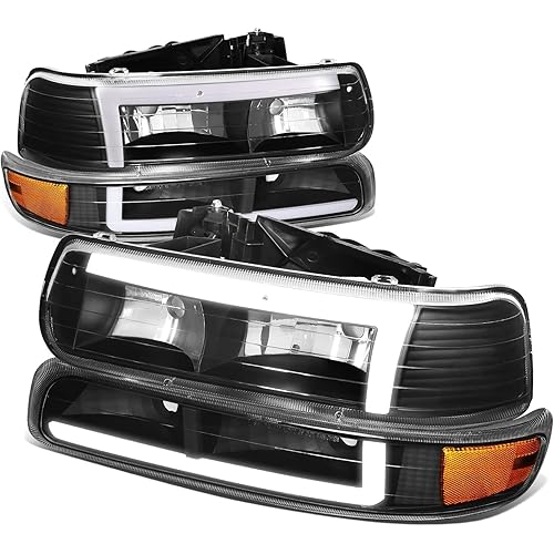 Auto Dynasty 3D LED DRL Headlights Assembly with Bumper Lamps Compatible with 99-06 Chevy Silverado Suburban 1500 2500 HD 3500 Tahoe, Pack of 4, Driver and Passenger Side, Black Amber