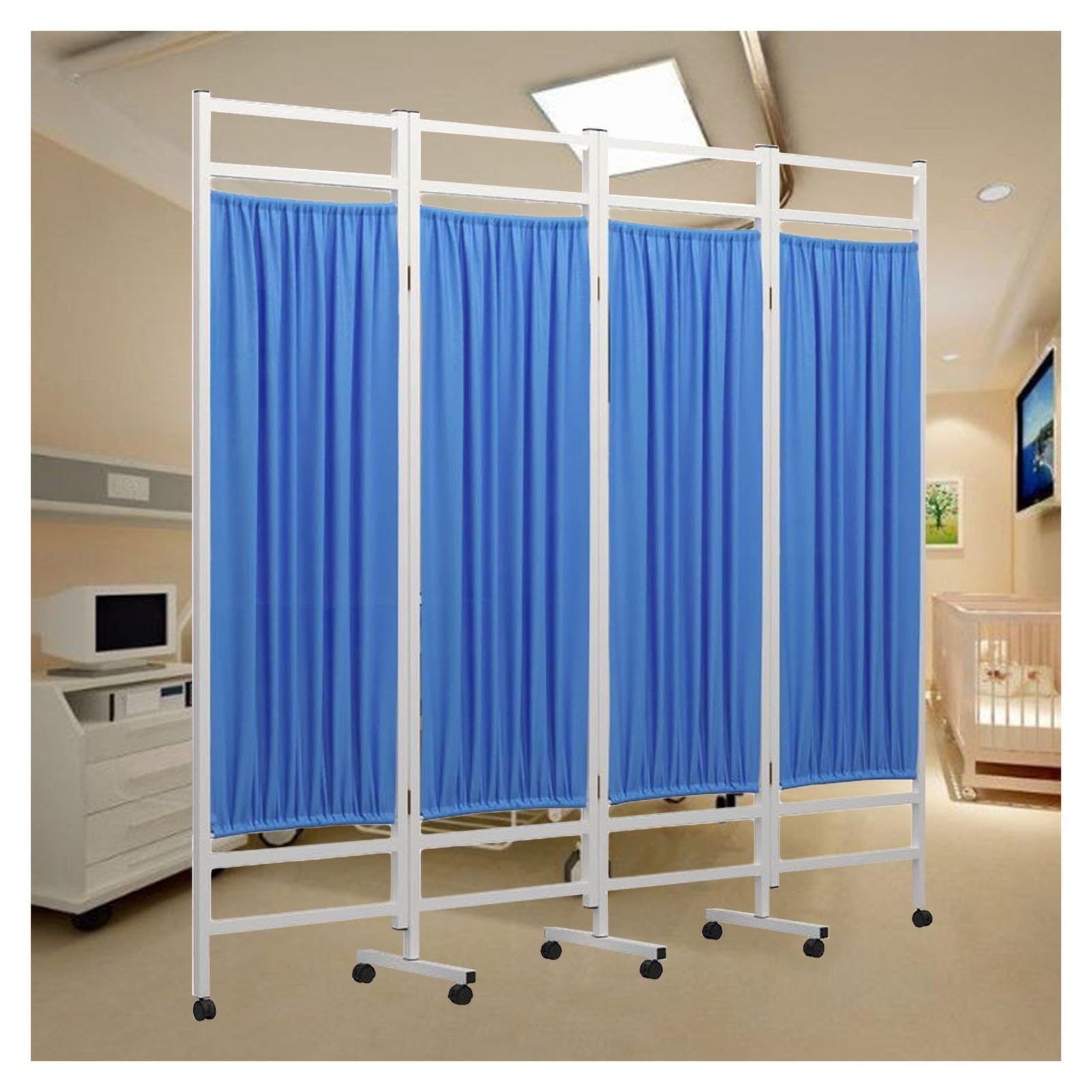 Paravent de séparation pliable bleu à 4 panneaux et roulettes pour espace médical et spa