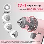 WORKPRO 12V Cordless Pink Drill Set, Electric Drill Kit with 3/8-Inch Keyless Chuck, 6 Pcs Bits, Variable Speed, 18 Touque Setting, Type-C Charge Cable, Led Light