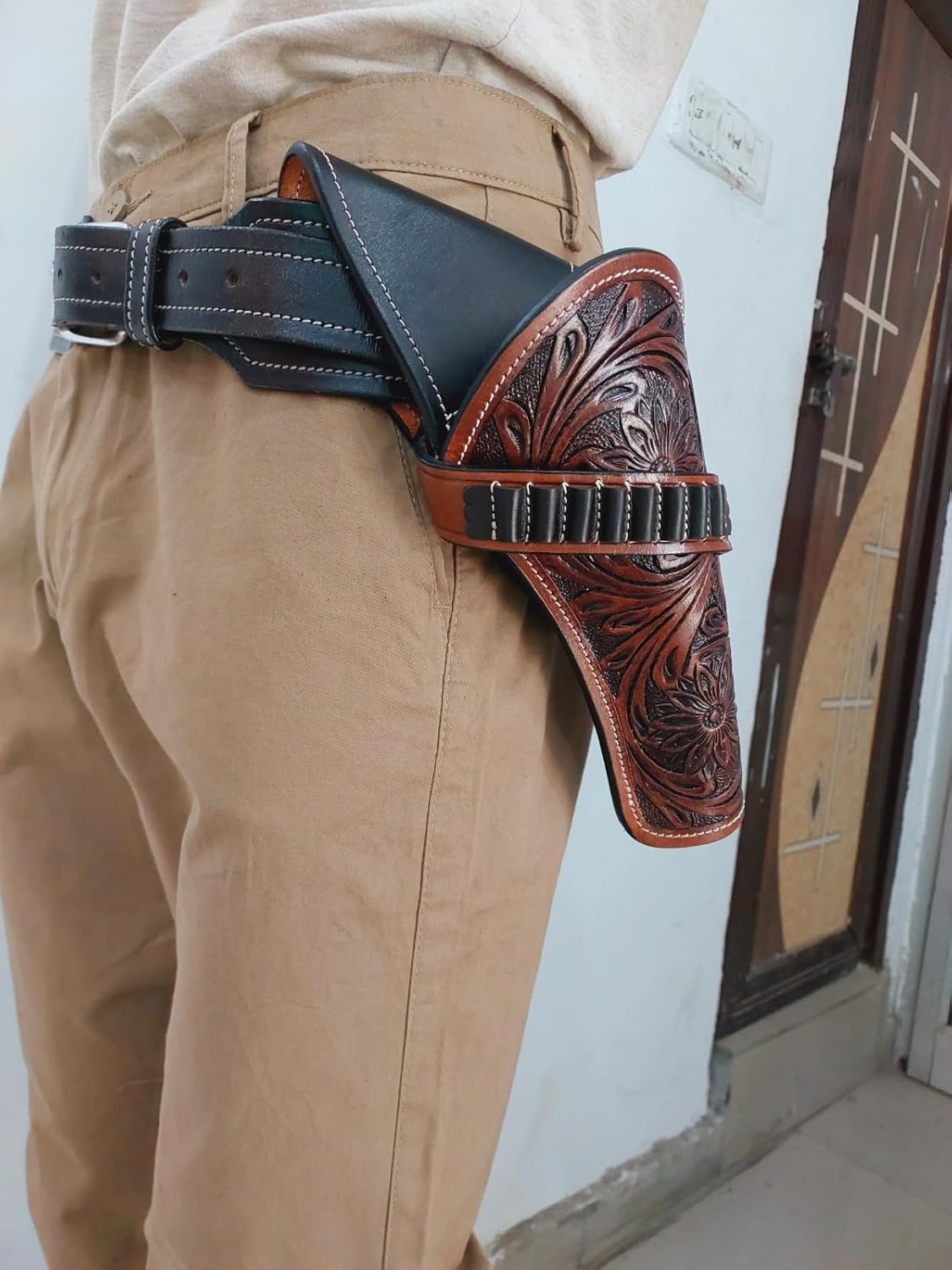 Western Gun Holster - .22 .38/357 .44/45- Full Grain Leather - with Ammo Loops – Fits 4" to 6.5" Revolvers – Cowboy Style – Cross Draw