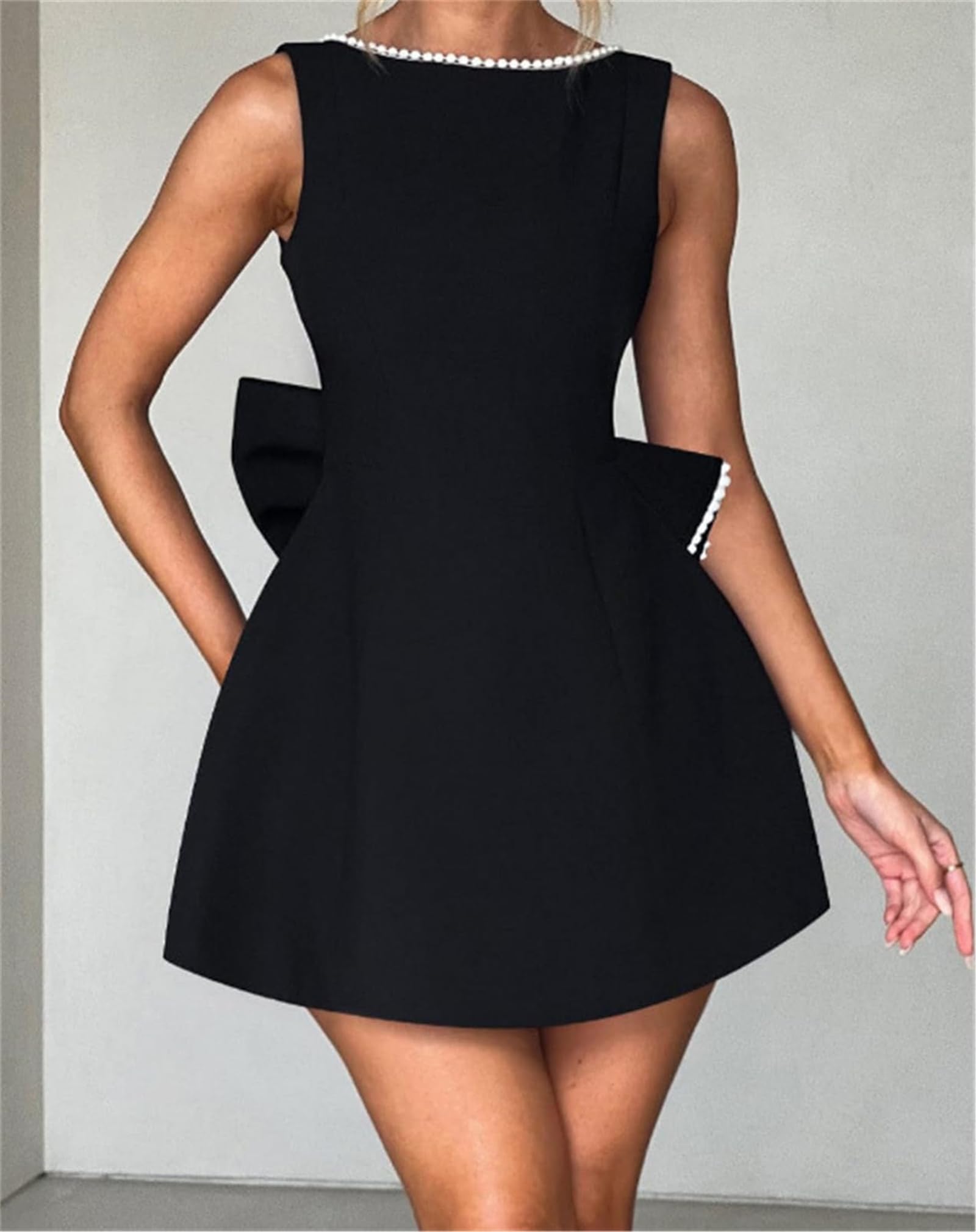 Vestido de verano para mujer, sin mangas, con lazo, perla, corto, sexy, delgado, sin mangas, espalda abierta, mini vestidos formales